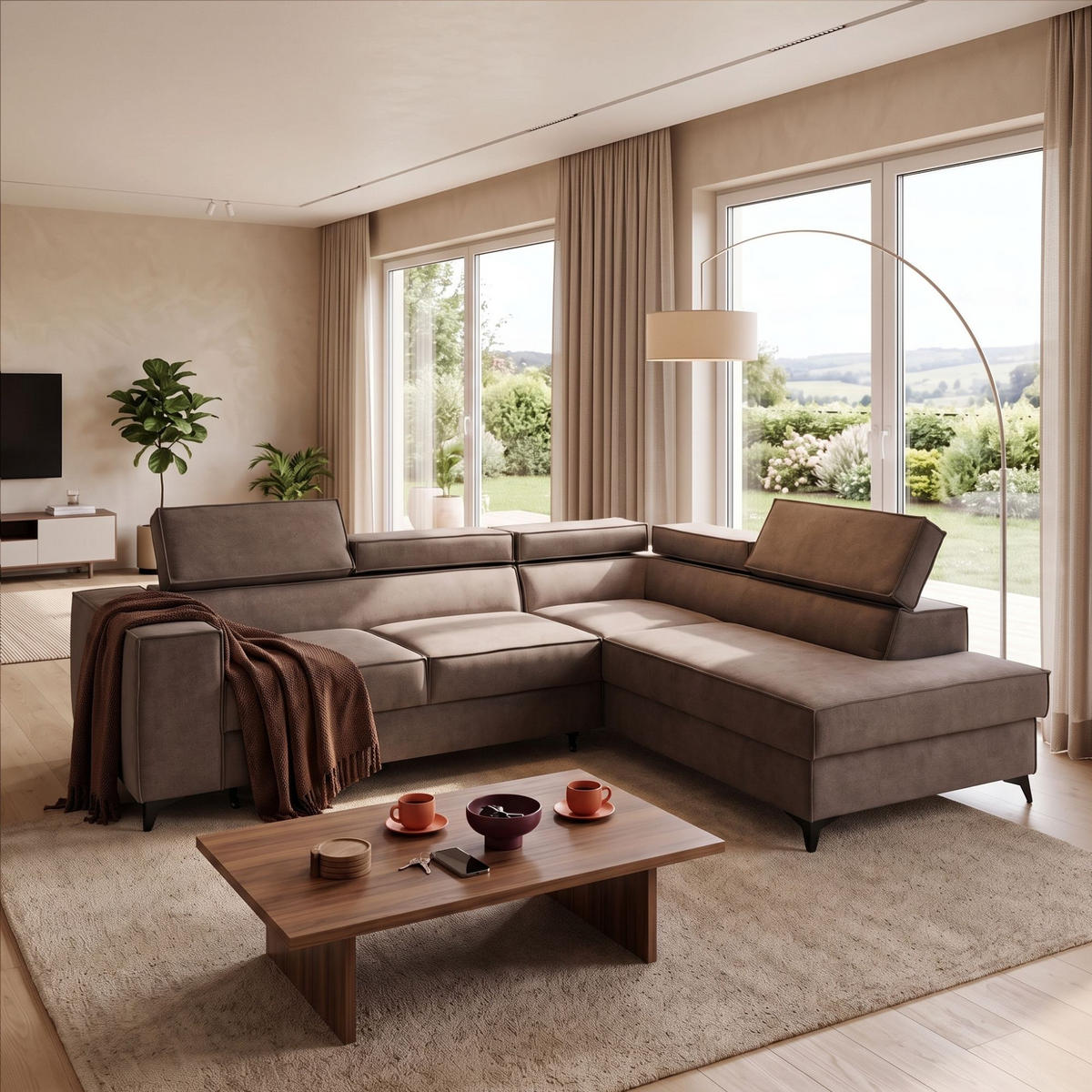 ECKSOFA PURE L Rechts mit Schlaffunktion 127x199 Velours Beige - Beige/Schwarz, Holz/Textil (204/281cm) - Muffo