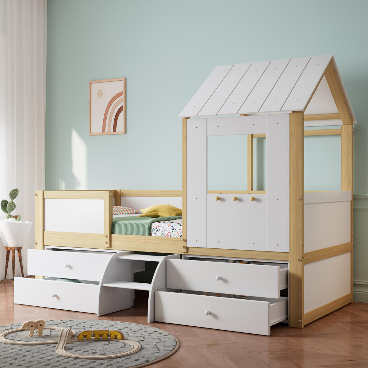HAUSBETT 90/200 cm Weiß+Natur mit Dach und Fenster aus Kiefer und MDF - Weiß, Holzwerkstoff (90/200cm) - OKWISH