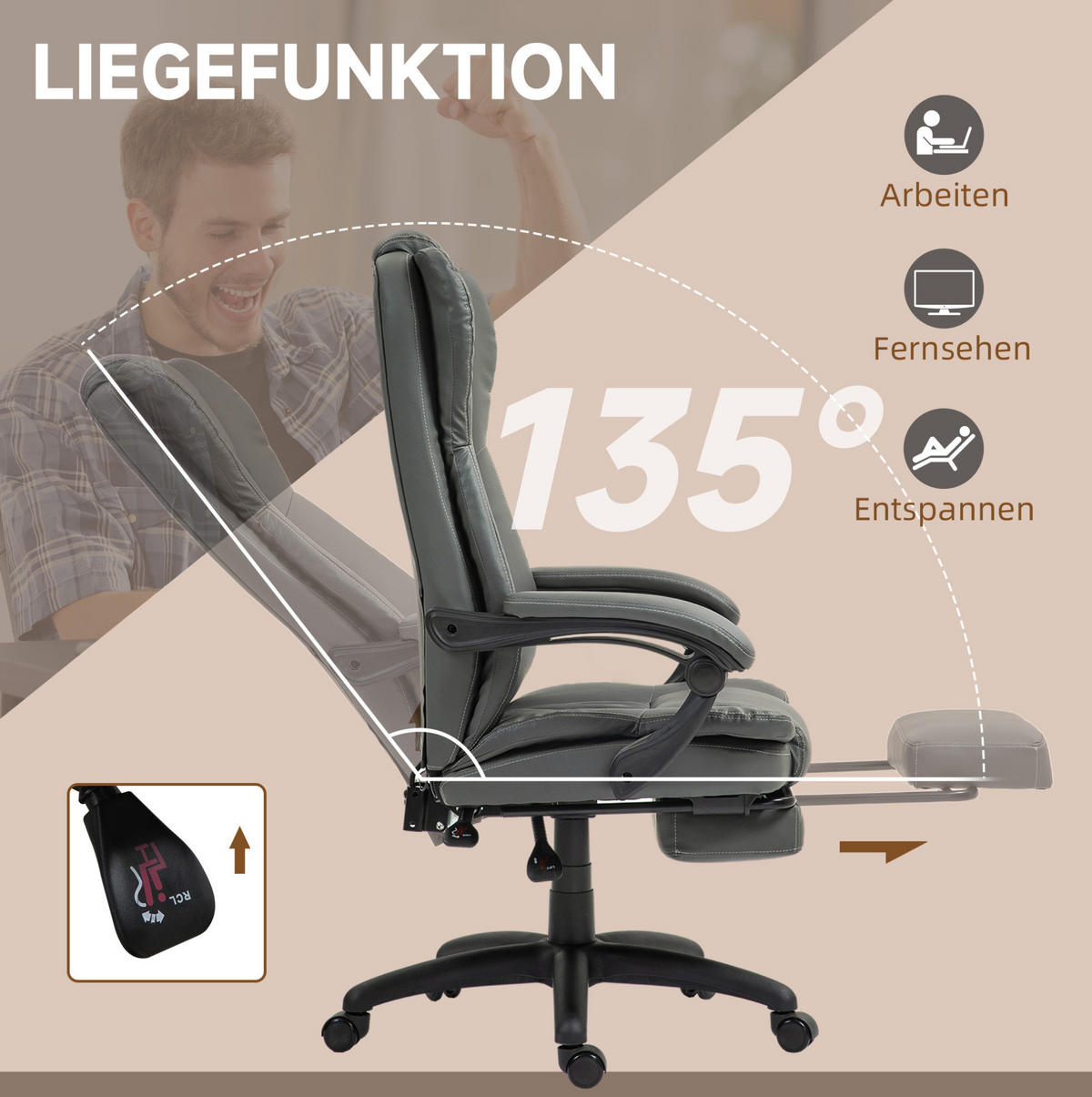 DREHSTUHL 68,5/68,5/113-121 cm dunkelgrau aus Kunstleder mit Massagefunktion und Fußstütze - Dunkelgrau, Leder (68.5/121/68.5cm) - OKWISH