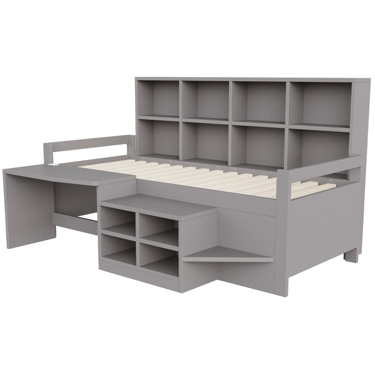BETT mit Schreibtisch und Stauraum 90x200 cm Grau mit LED und Steckdose - Grau, Holzwerkstoff (90/200cm) - Beauniv