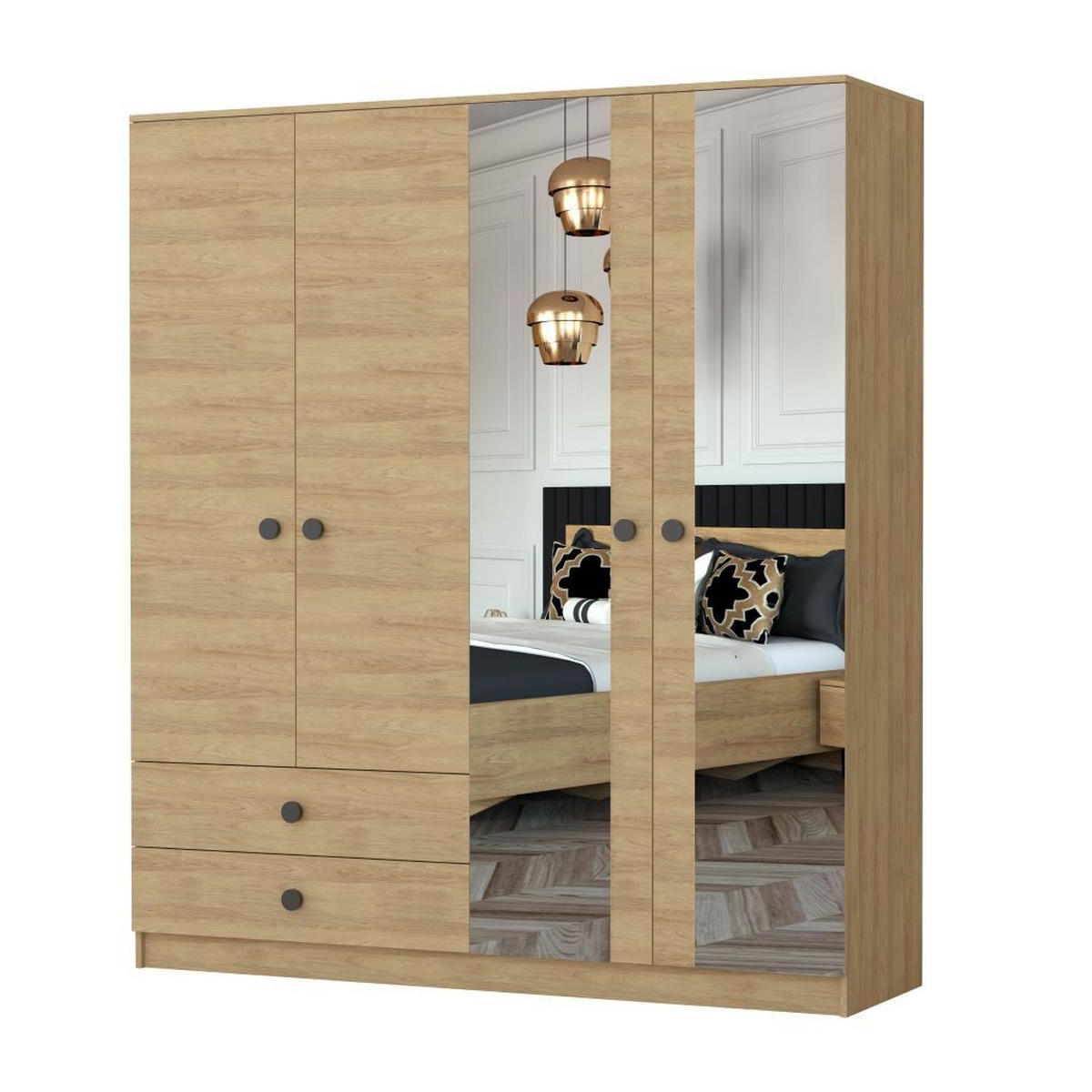 DREHTÜRENSCHRANK 180/205/52,2 cm Lux 4D2S Hickory Eiche, Hickory Eiche - Schwarz/Sonoma Eiche, Holz/Holzwerkstoff (180/205/52.2cm) - imoebel24