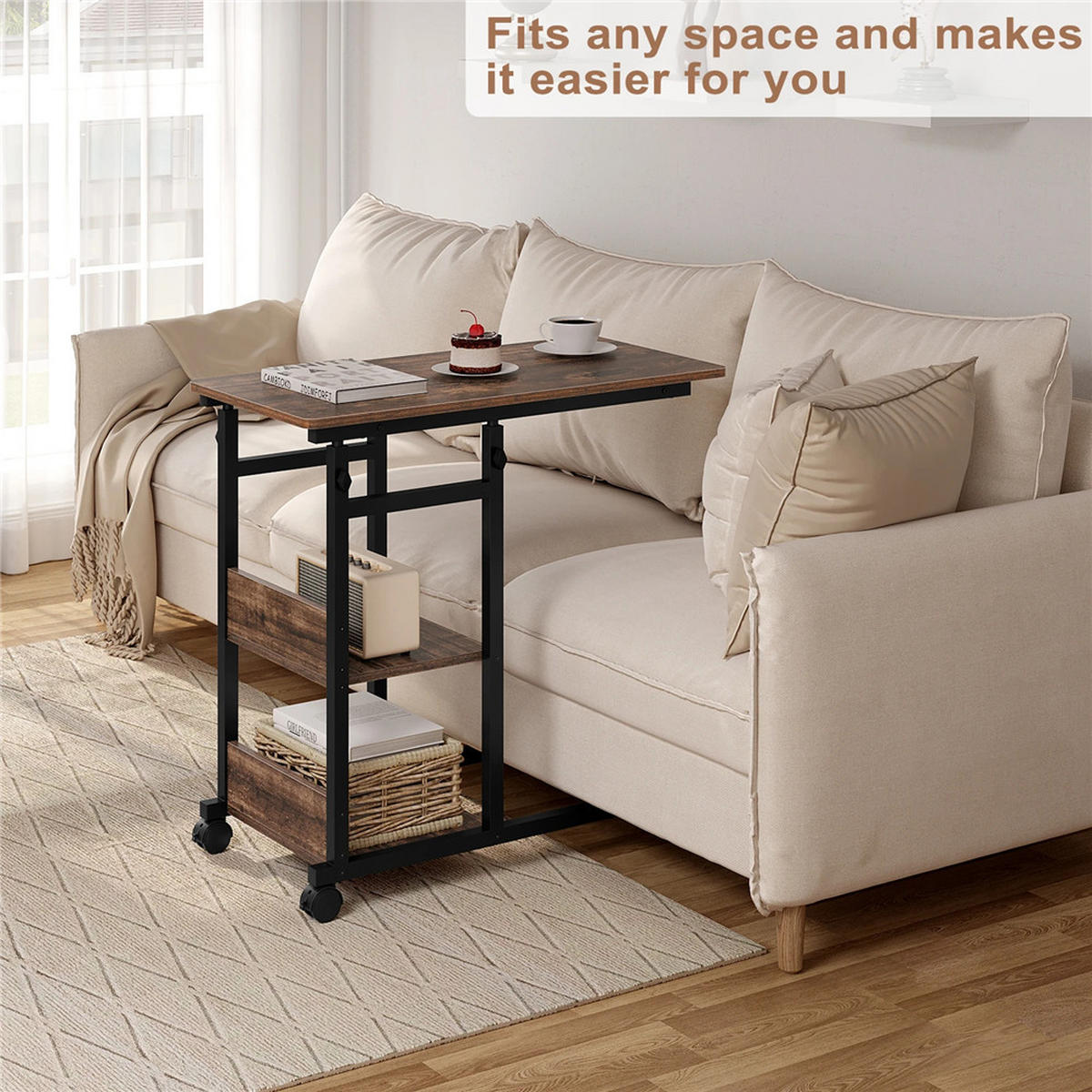 BEISTELLTISCH C-Form höhenverstellbar mit Rollen Braun Sofa Tisch - Braun, Metall (40/80/96cm) - Kaket