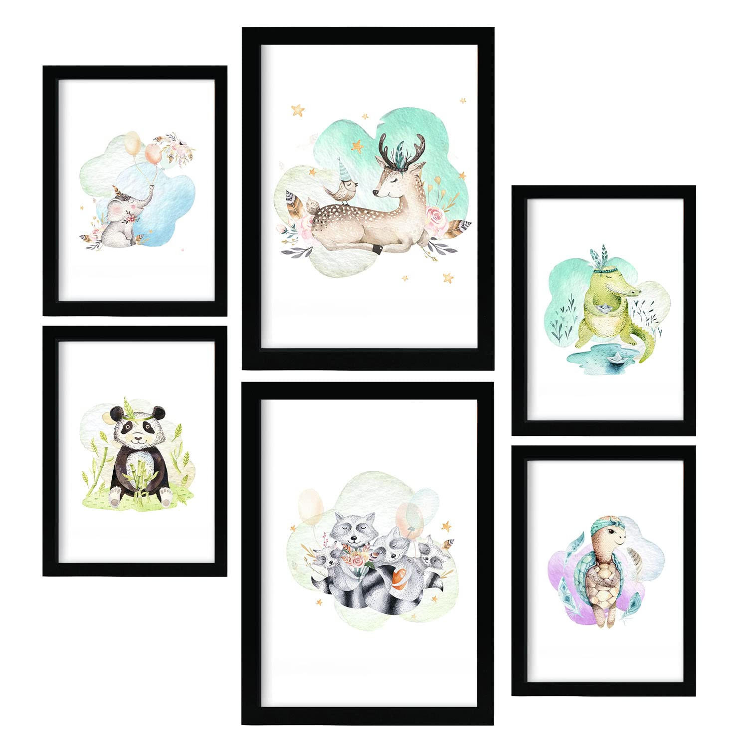 POSTER Set Mit 6 Tierfamilien Weißer Tierfamilienthemen Im Pastell Aquarell Stil A3 & A4 Rahmenlos - Klar, Papier (29/3cm) - Nacnic