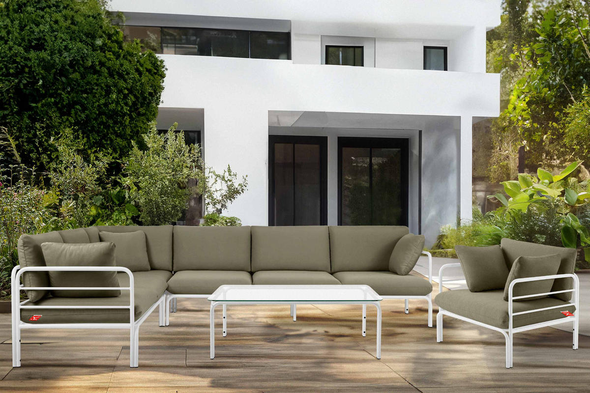 GARTENECKSOFA RAMBE 5-Sitzer mit Kissen, Weiß/Beige - Beige/Weiß, Textil/Metall (304/80/229cm) - KONSIMO®