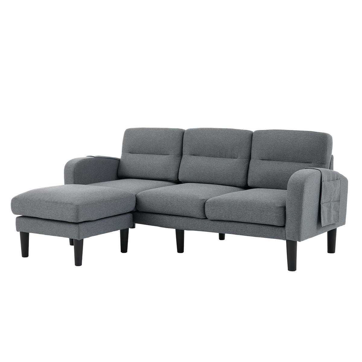 ECKSOFA L Form 3-Sitzer Chaiselongue Stauraum Tasche Grau 204cm - Grau, Textil (204/136cm) - FLIEKS