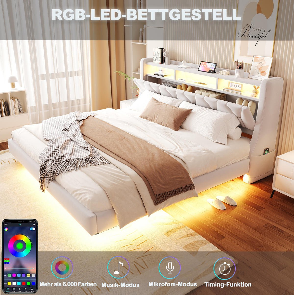 ČALOUNĚNÁ postel 180/200 cm béžová z sametu s LED osvětlením, USB a úložným čelem - béžová, textil (180/200cm) - OKWISH