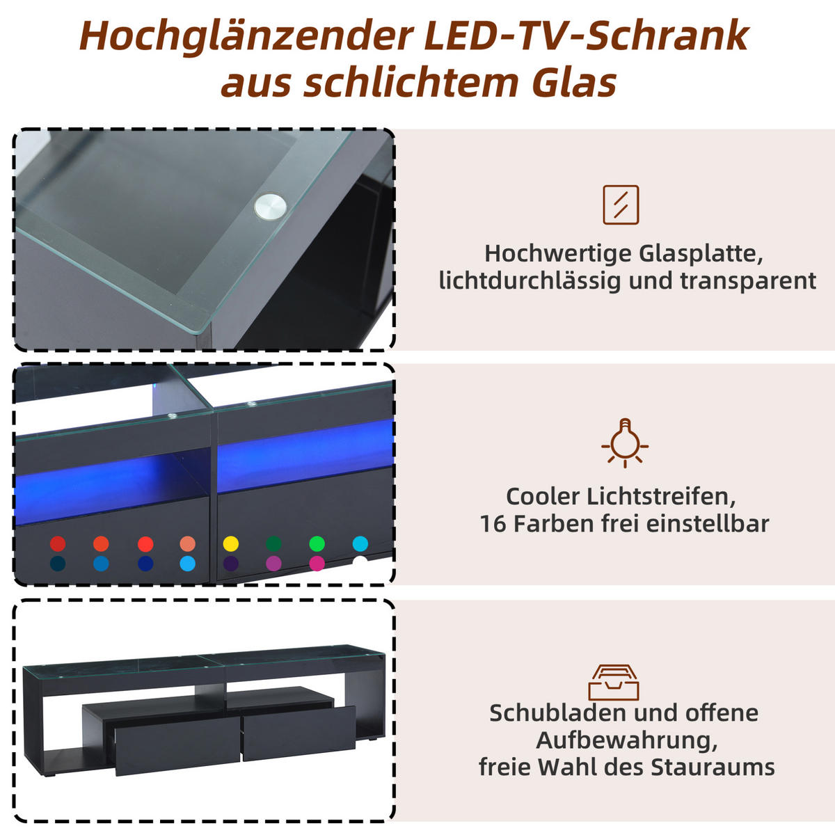 TV-SCHRANK aus Spanplatte und gehärtetem Glas 180x40x46 cm Schwarz mit LED-Beleuchtung und 2 Schubladen - Schwarz, Holzwerkstoff (180/46/40cm) - Modfu
