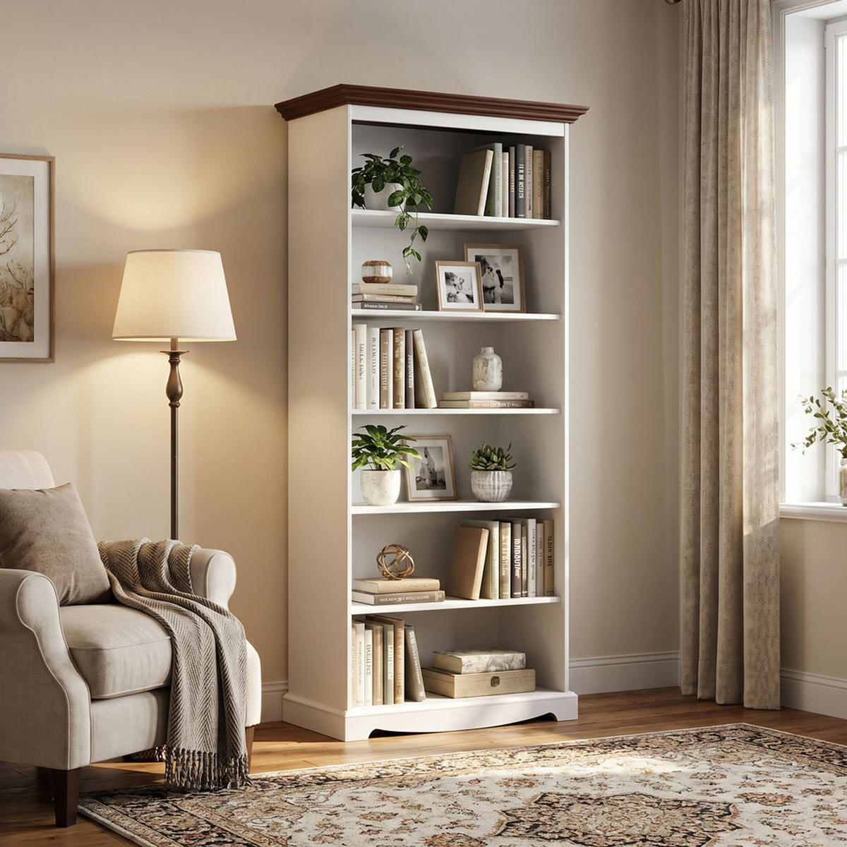 BÜCHERREGAL Belluno Elegante Kiefer weiß (RAL9010) lackiert / Kiefer gebeizt, Nussbaumfarben 89 / 44 / 190cm - Nussbaumfarben/Weiß, Holz (89/190/44cm) - Feldmann-Wohnen