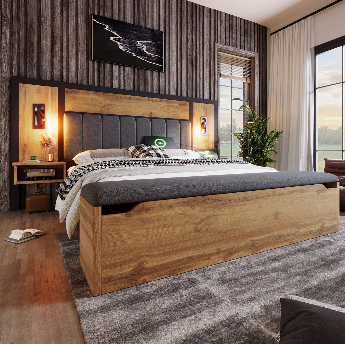 BETT mit Nachttischen und Stauraumbank 160x200 cm Eiche - Braun, Holzwerkstoff (160/200cm) - Beauniv