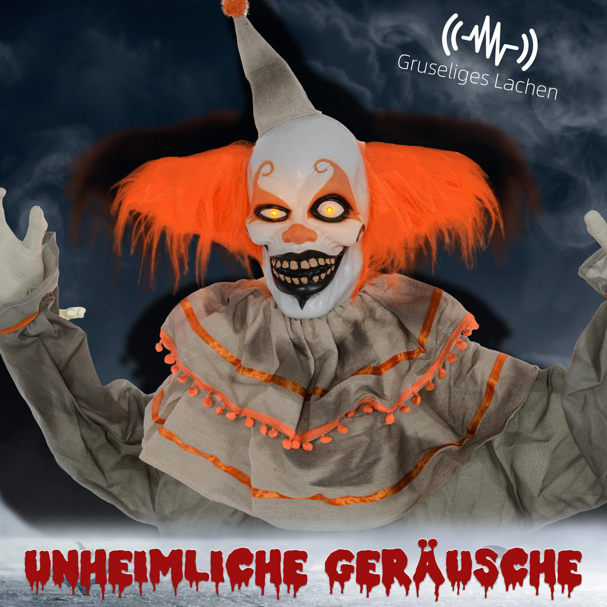 HALLOWEEN DECORATIONS Dekoration Clown, Soundfunktion, Orange+Grau, 183cm - Orange, Kunststoff/Metall (65/183/18cm) - HOMCOM