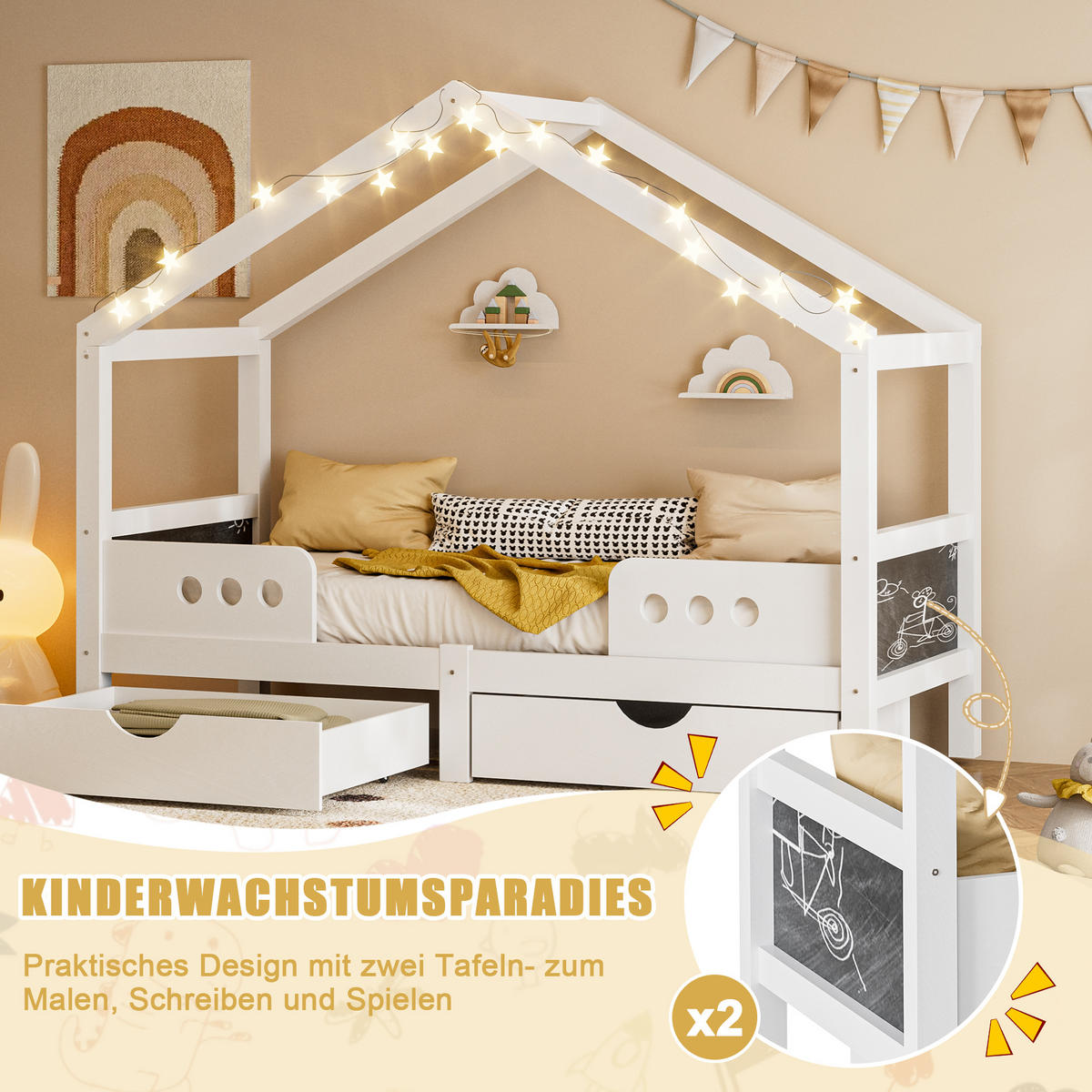 HAUSEBETT 90 x 200 cm mit Doppelschublade in Weiß - Weiß, Holz (90/200cm) - KOMHTOM