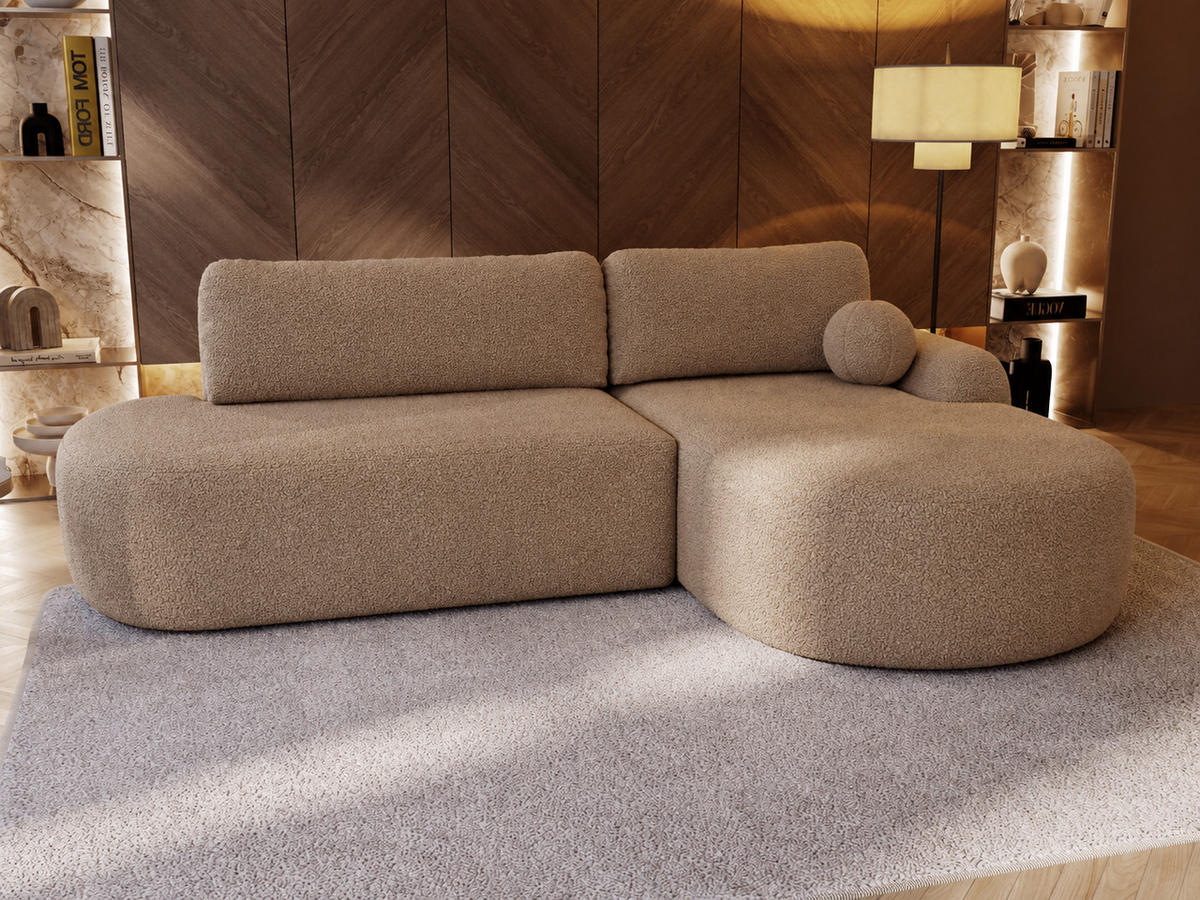 ECKSOFA Aurio O Bouclé-Stoff Hellbraun Rechts - Hellbraun, Holz/Textil (177/271cm) - Graingold