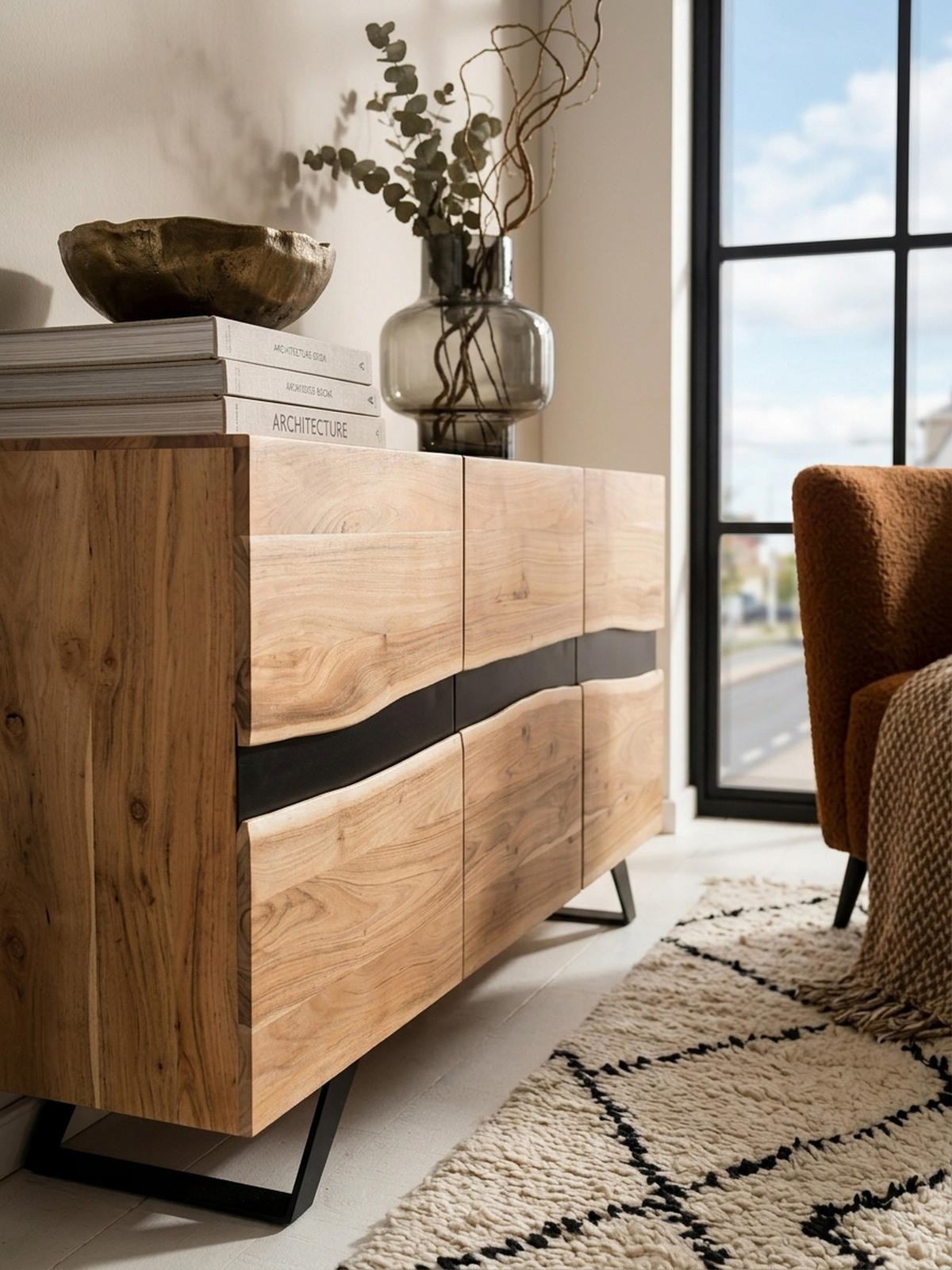 SIDEBOARD – Akazie Massivholz, 148x85x43 cm, Baumkante, Landhausstil, breit - Schwarz/Braun, Akazienholz/Holz (148/85/43cm) - KADIMA DESIGN