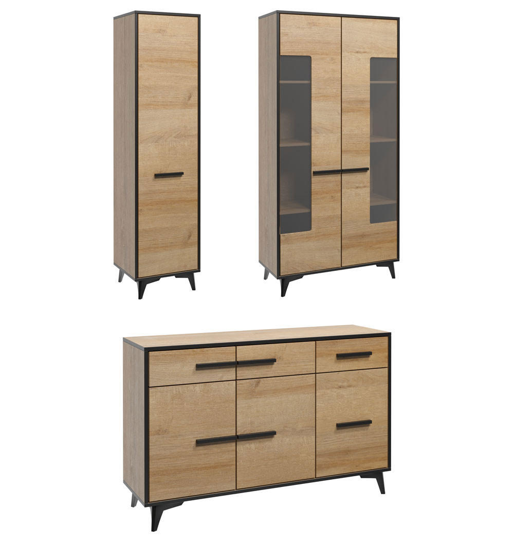 WOHNWAND 3-TEILG Frida Eiche Riviera / schwarz 274,1x40,3x185cm - Eichefarben/Schwarz, Holz/Holzwerkstoff (274/185/40cm) - Feldmann-Wohnen
