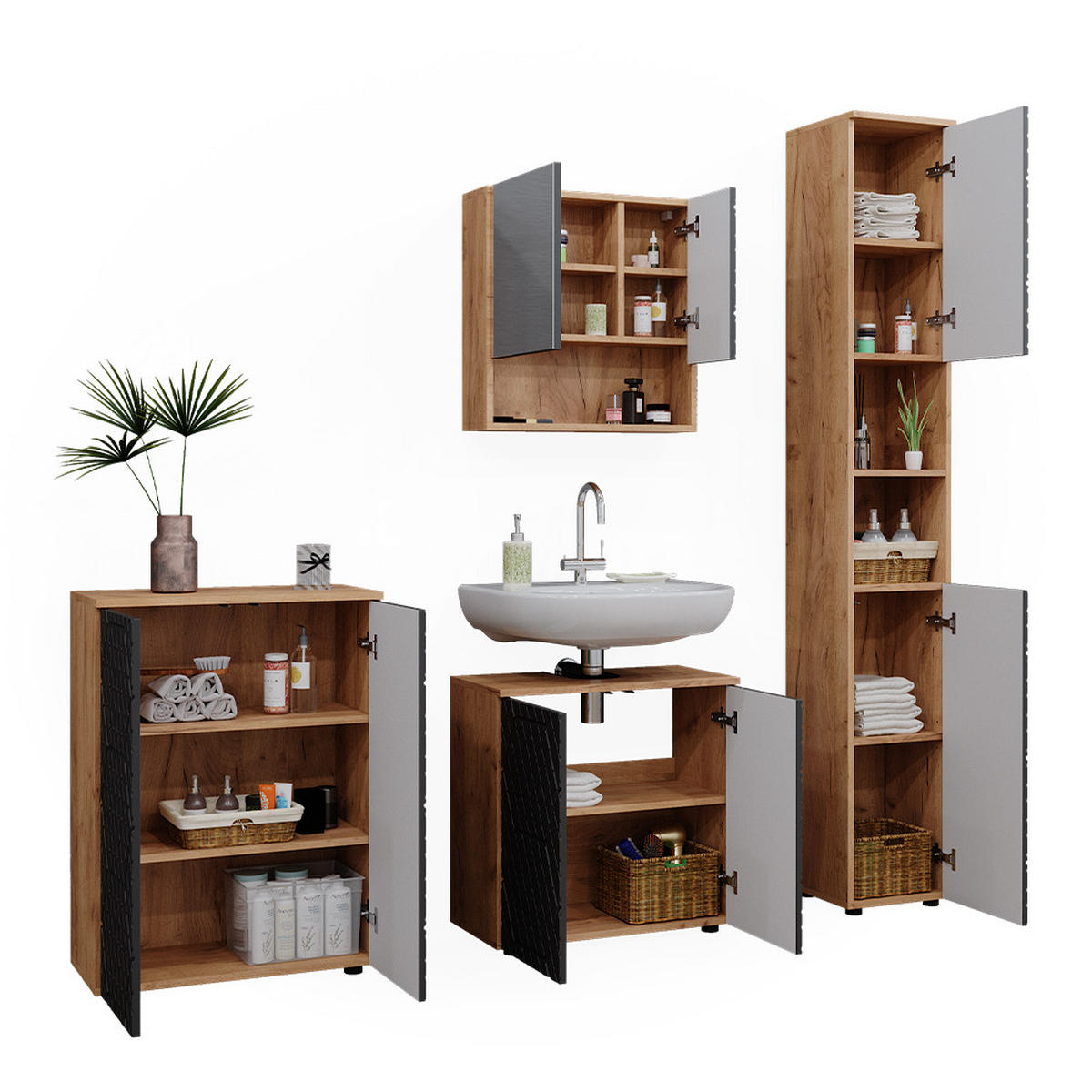 BADMÖBEL-SET Irma Anthrazit gestreift 4 Teile mit Hochschrank und Kommode - Honigeiche/Anthrazit, Holzwerkstoff (80/58.6/41cm) - Vicco