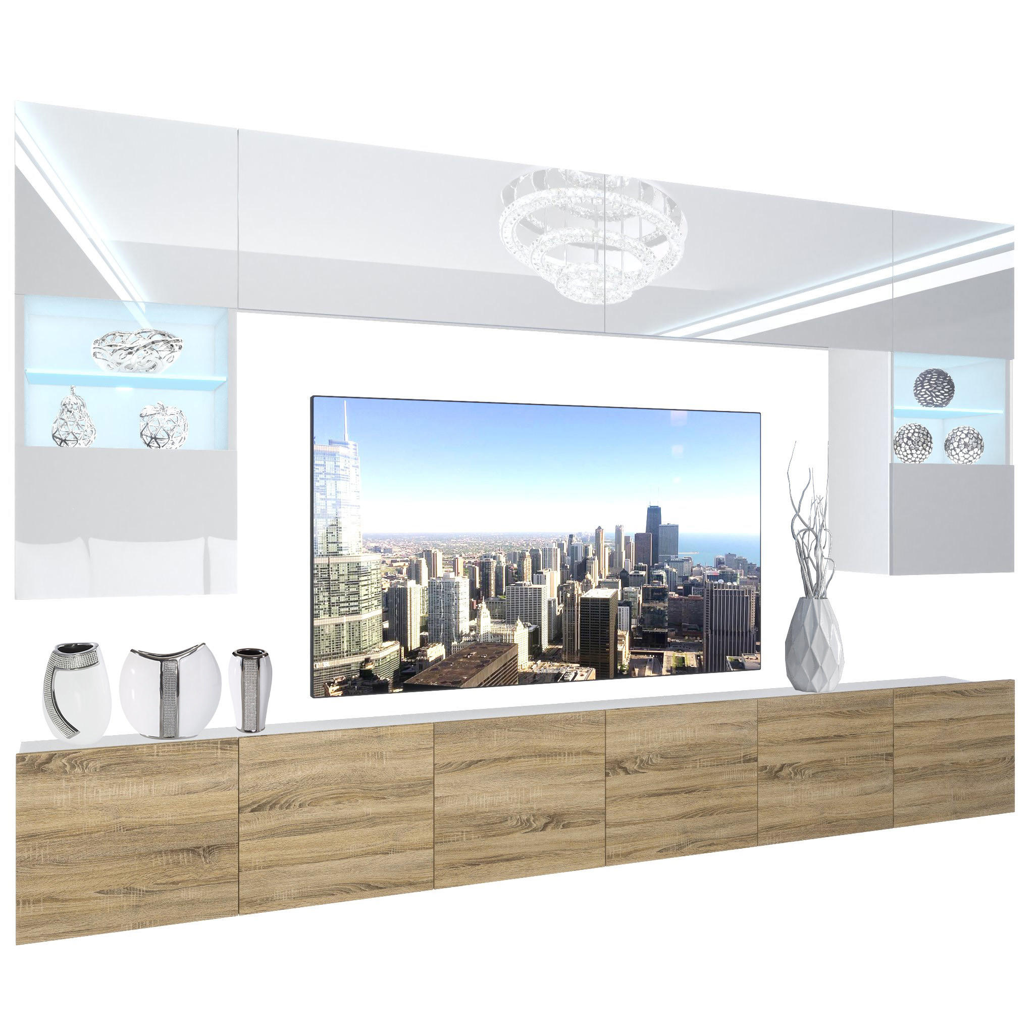 WOHNZIMMERWAND Schrankwand mit LED Weiß / Sonoma Eiche - Weiß/Sonoma Eiche, Holz (300/180/36cm) - B BELINI GROUP