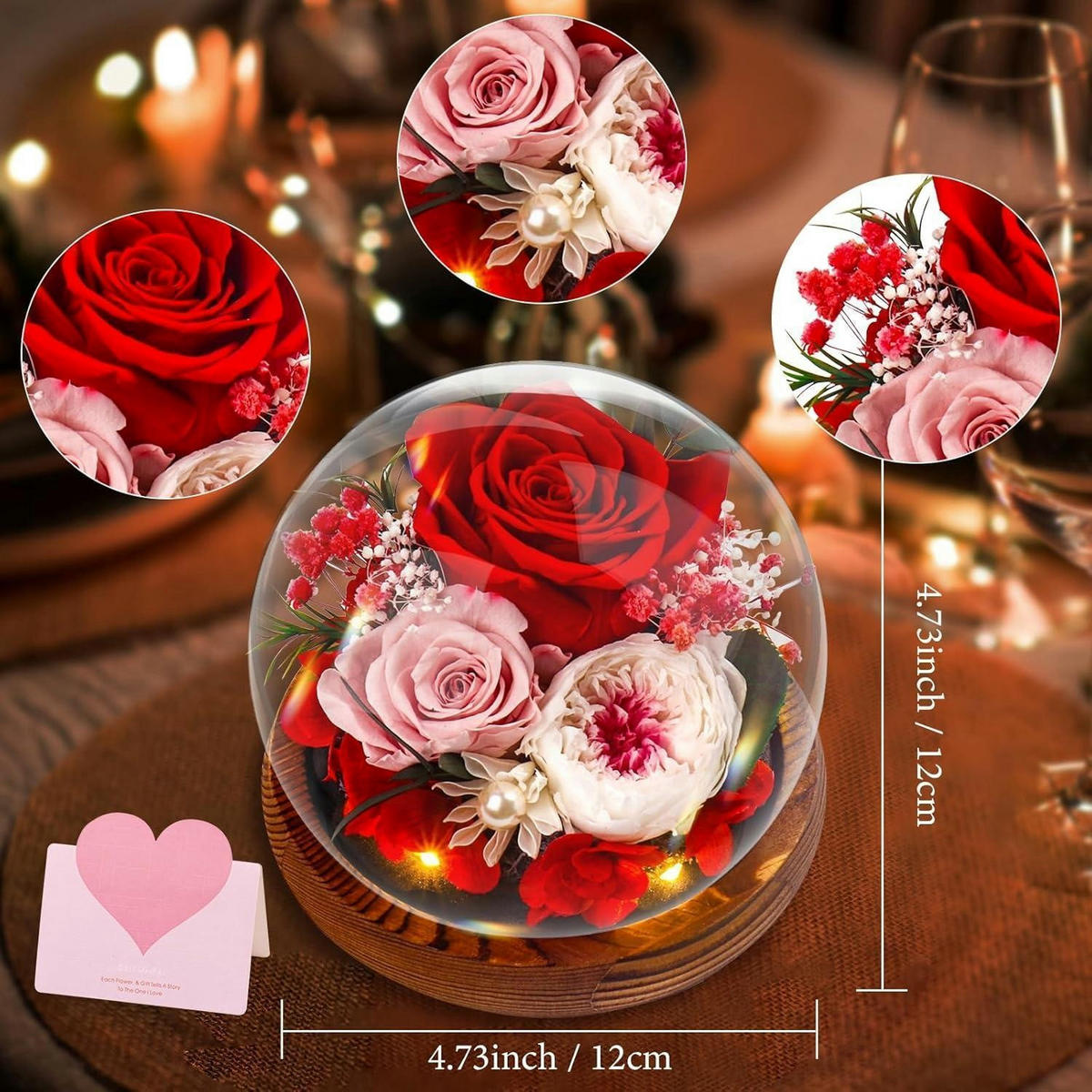 GLASROSE Ewige Rose mit Glaskuppel und Holzsockel - Multicolor, Holz (15cm)