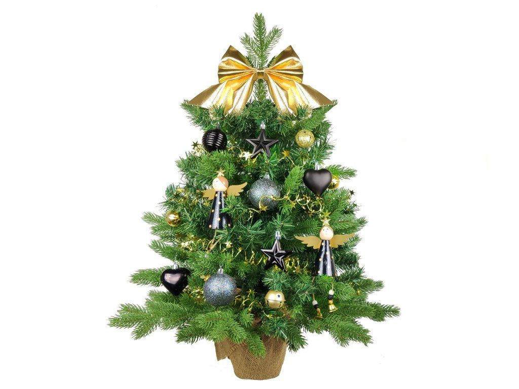 WEIHNACHTSBAUM künstlicher 60 cm mit LED-Beleuchtung, NACHTHIMMEL, mit 37 Weihnachtsbaumschmuck, Pflanztopf mit Jutesack - Goldfarben/Schwarz, Kunststoff/Stein (40/60cm) - LAALU