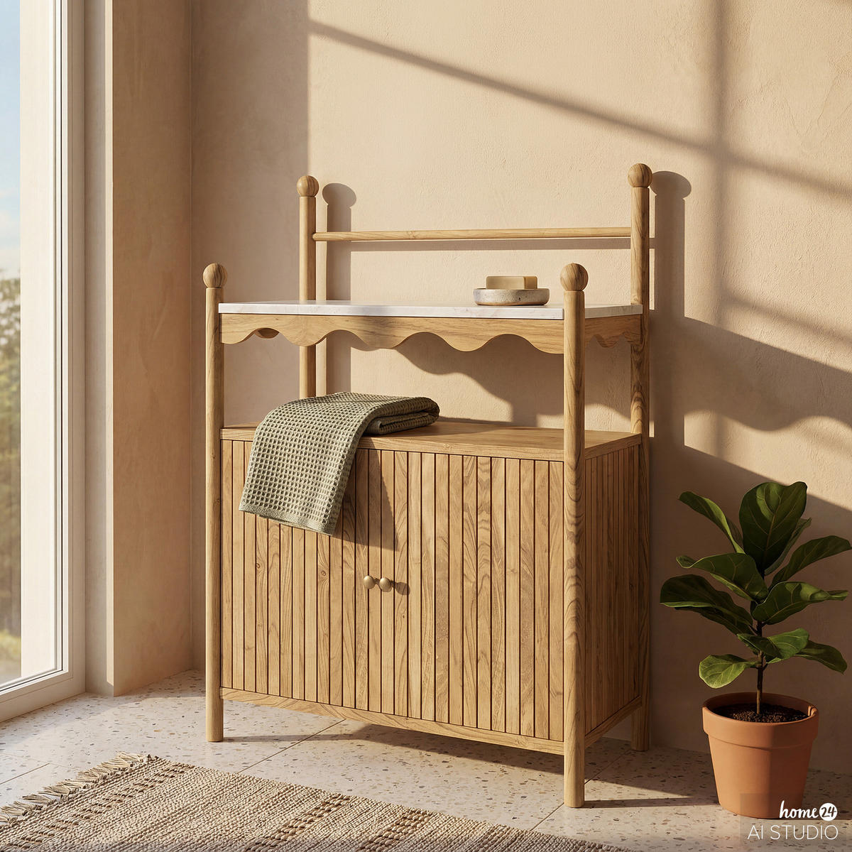 MASSIVER UNTERSCHRANK - Akazie massiv / Marmor - Grau, Holz/Holzwerkstoff (83/107/38cm) - home24