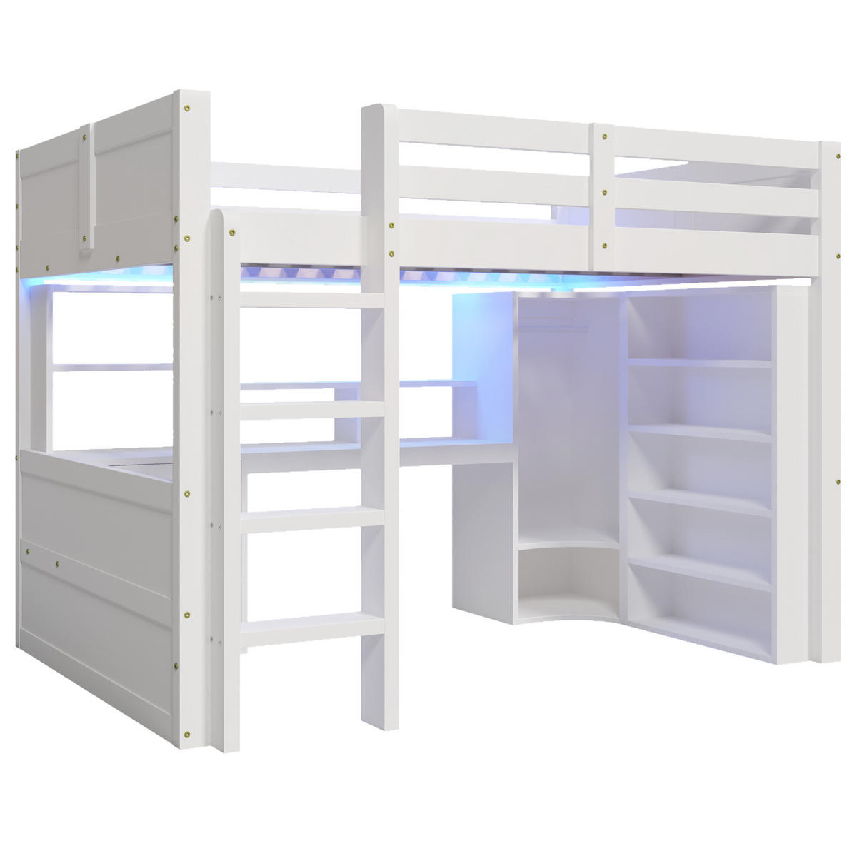 HOCHBETT 140/200 cm aus Kiefernholz mit LED-Beleuchtung, Schreibtisch und Kleiderschrank, Weiß - Weiß, Holzwerkstoff (140/200cm) - Redom