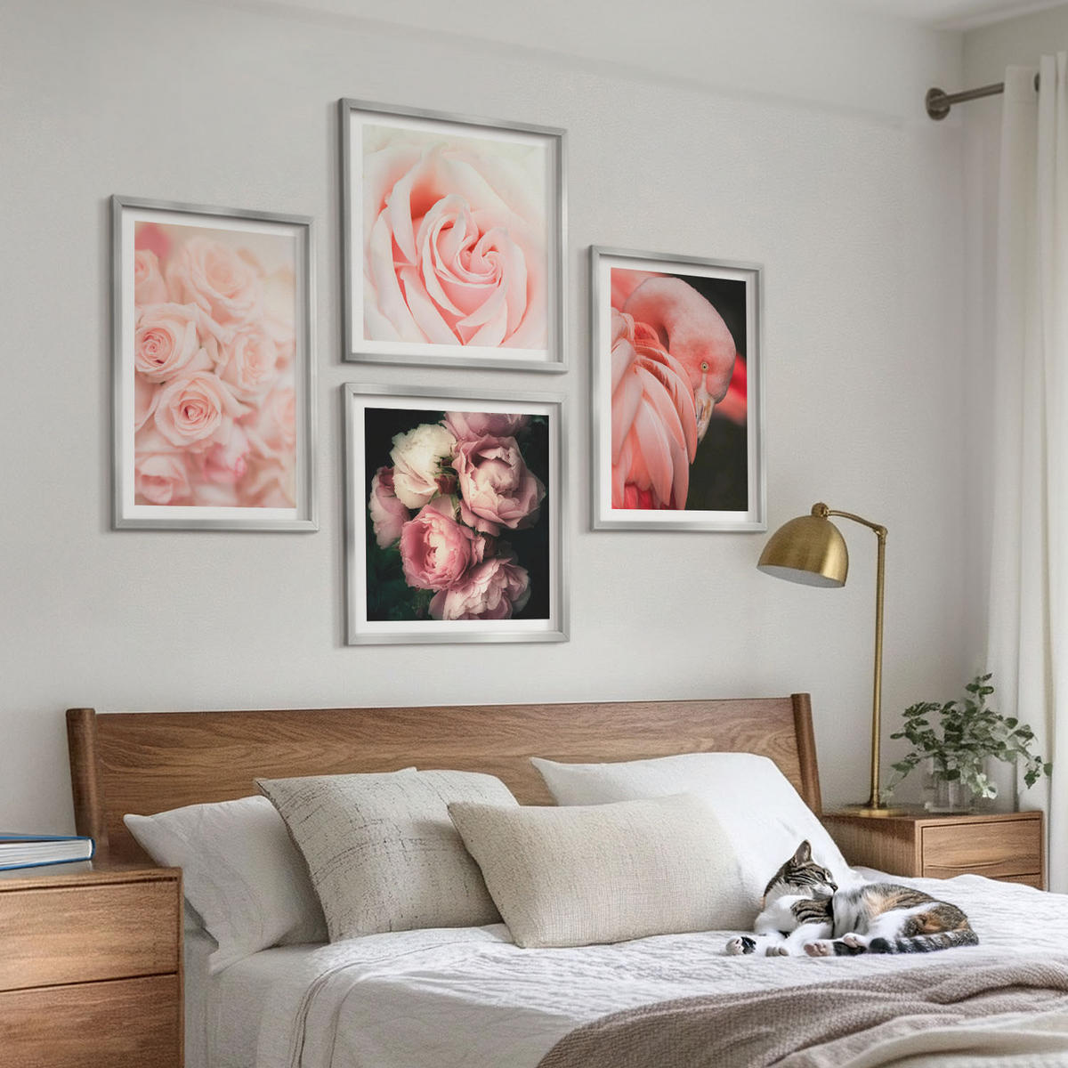 WANDBILDER 4er Set - 50x50 cm & 40x60 cm Silberner Rahmen - Pastellrosa Flamingos - Silberfarben, Kunststoff (50/50cm) - ArtPrintCave