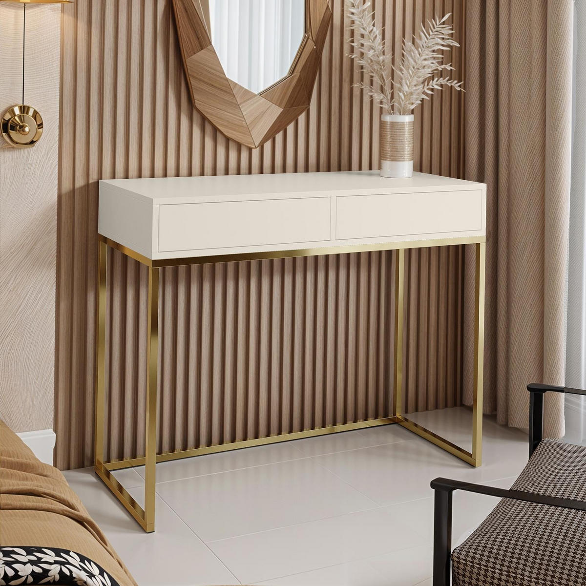 SCHMINKTISCH Cubic 100 Kaschmir, mit Goldgestell - Kaschmir/Goldfarben, Holzwerkstoff/Metall (35/100/80cm) - Bettso