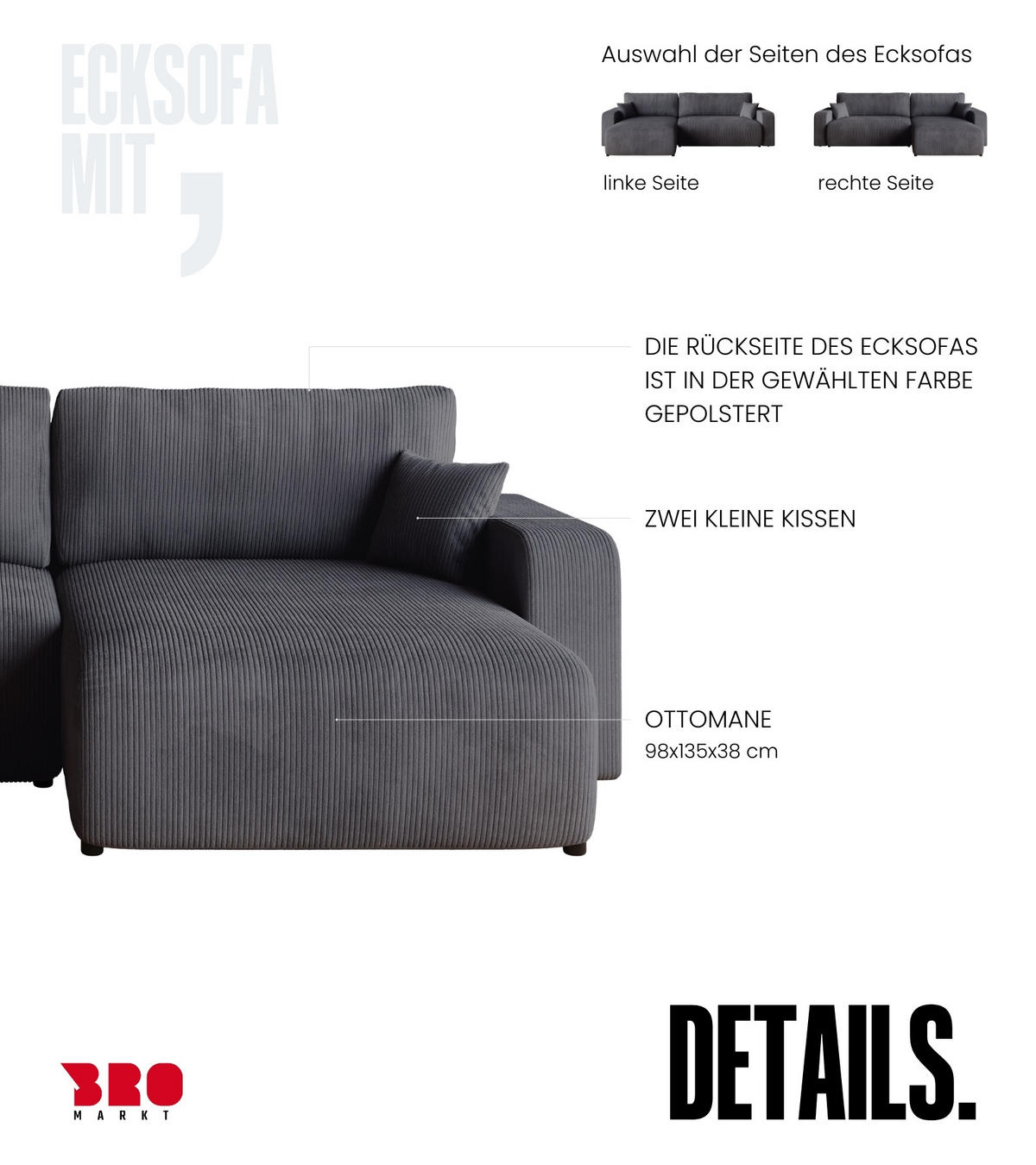 ECKSOFA PUMI XL mit Schlaffunktion Grau Cord - Grau, Textil (274/148cm) - Bromarkt