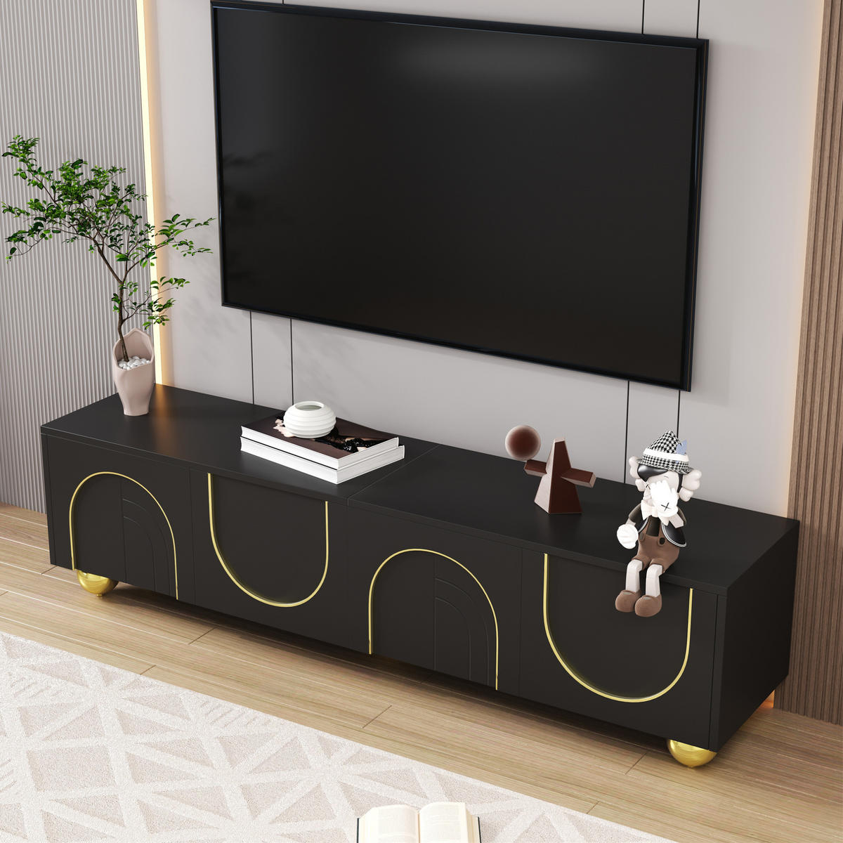 TV stolek 170/38/44 cm ze dřevotřísky se 4 dvířky, push-to-open a tlumenými panty, černá - černá, kompozitní dřevo (170/44/38cm) - Redom