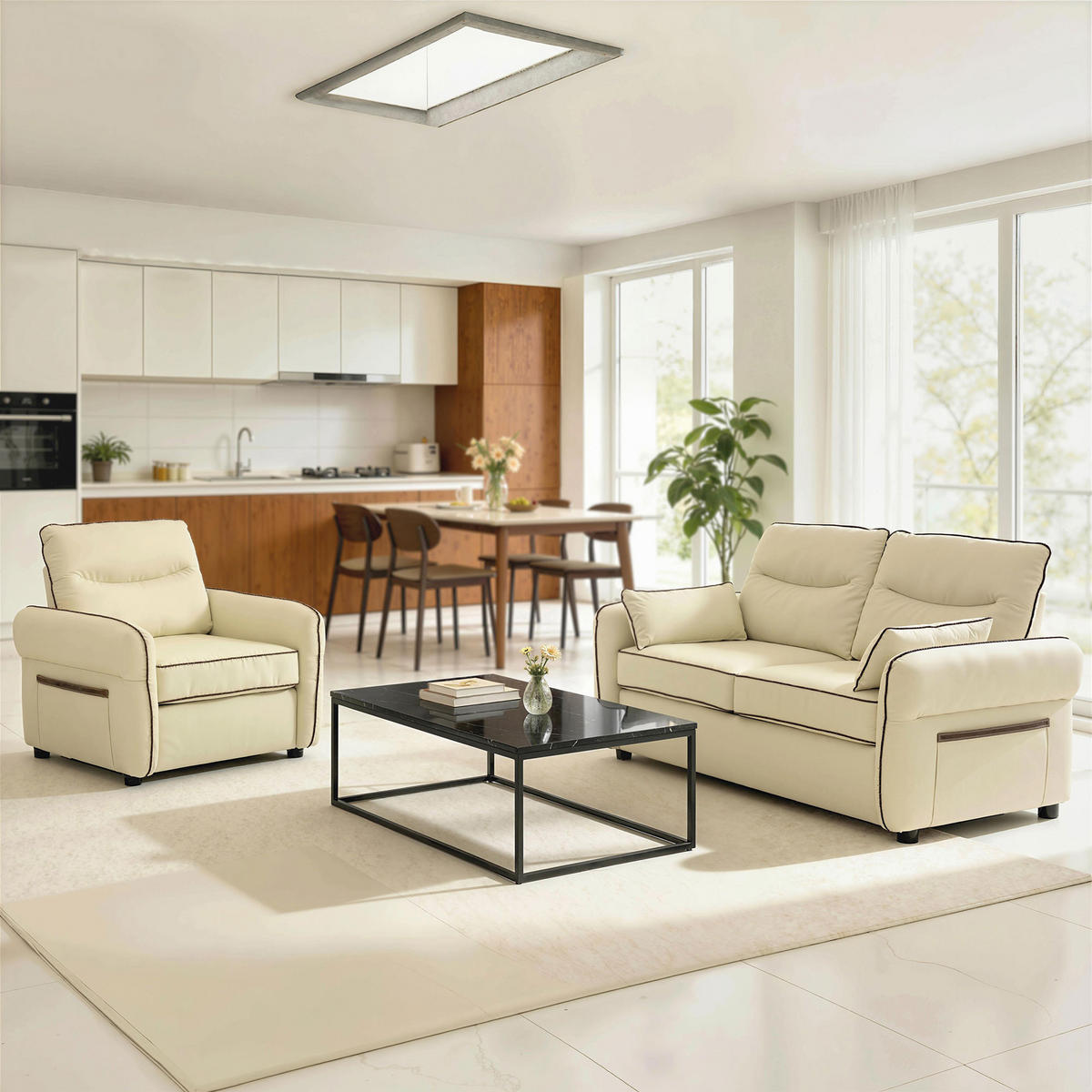 SOFA, 2-Sitzer, Kunstleder, dicke Polsterung, Seitentasche, beige, 136x81x90cm - Multicolor, Holzwerkstoff (136/90/81cm) - FORIOUS