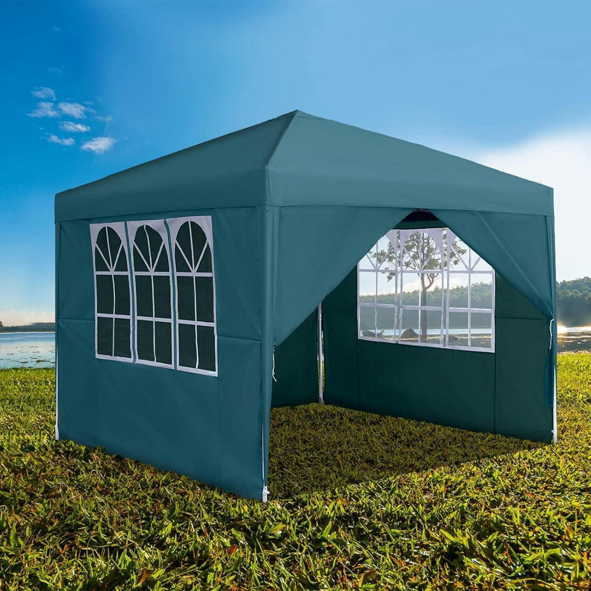 FALTPAVILLON 3 x 3 m mit 4 Seitenteilen und Fenstern Grün - Petrol, Textil (300/260/300cm)