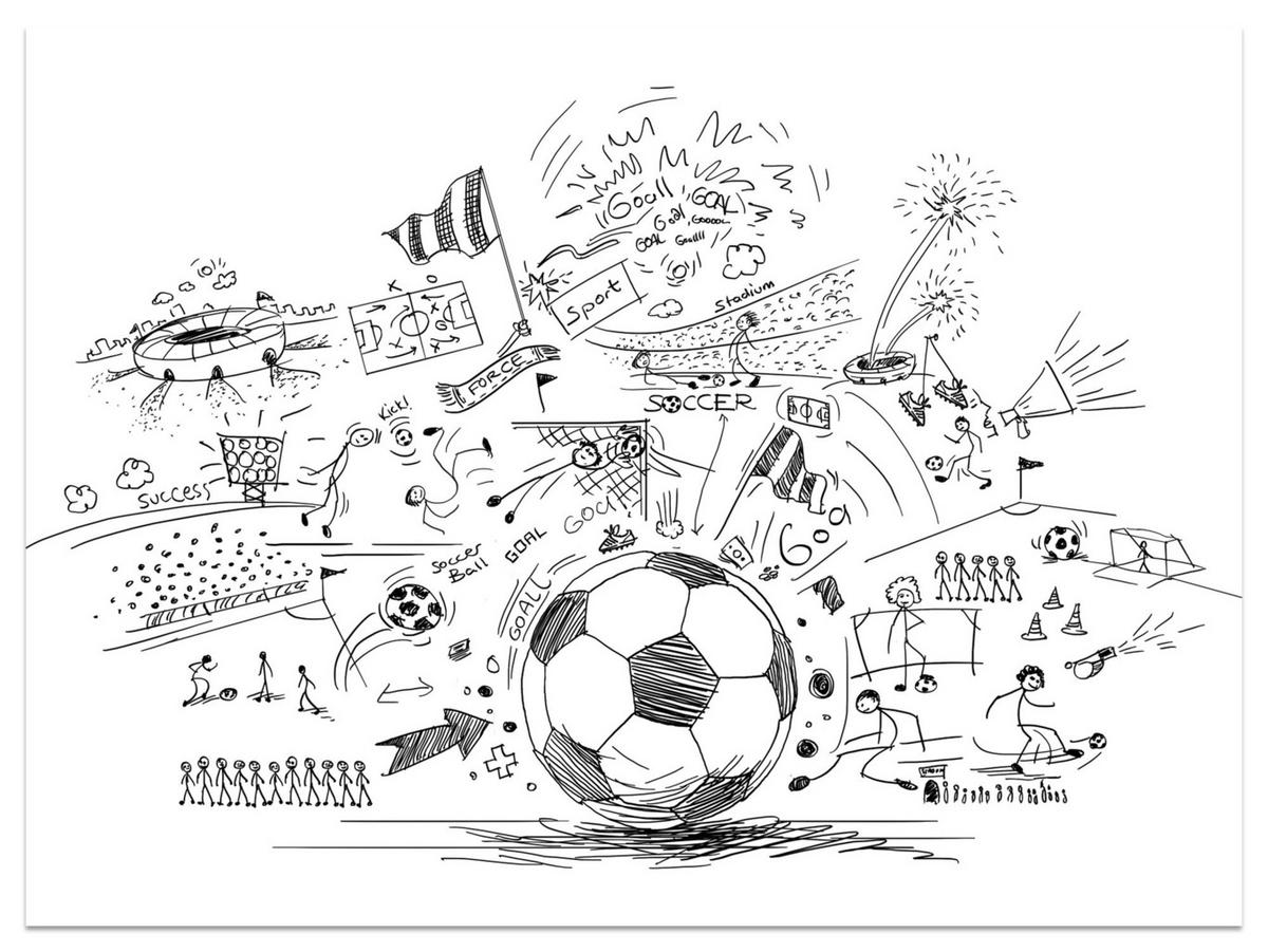 FOTOTAPETE für Kinderzimmer Fußball Skizzen Tor Stadion Sport 450x315 - Schwarz/Weiß, Papier (450/315cm) - Muralo