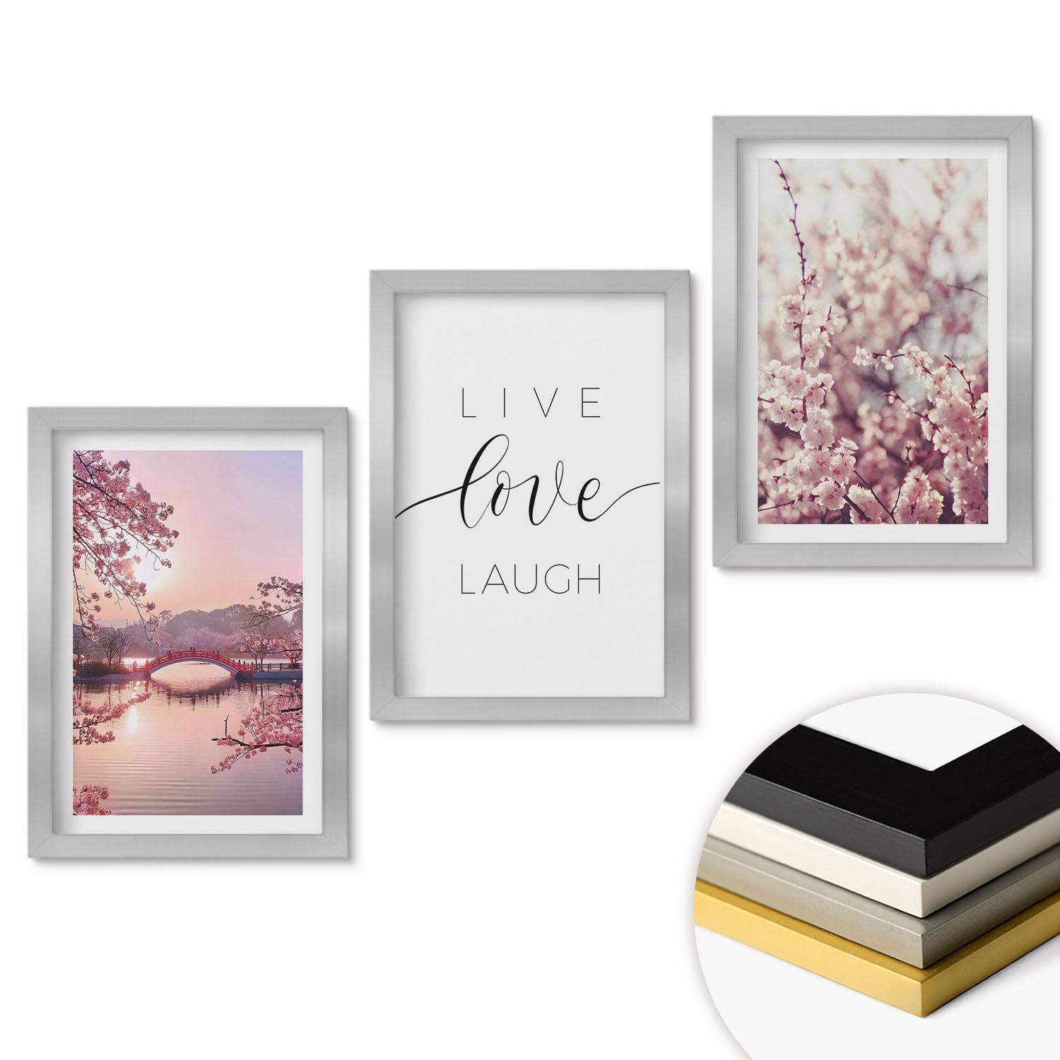 WANDBILDER 3er Set - 20x30 cm Silberner Rahmen - Blumenbrücken-Inschriftenmotiv - Silberfarben, Kunststoff (20/30cm) - ArtPrintCave