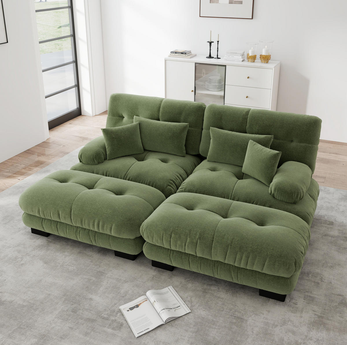 ECKSOFA mit modularem Design, 2 Ottomane und Zierkissen, Chenille, Grün - Grün, Textil (220/145cm) - Redom