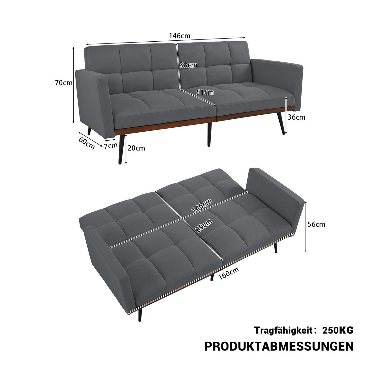 SCHLAFSOFA 146 cm Grau mit Bettfunktion & Leinen-Optik - Dunkelgrau, Textil (146/70/60cm) - Urban Meuble