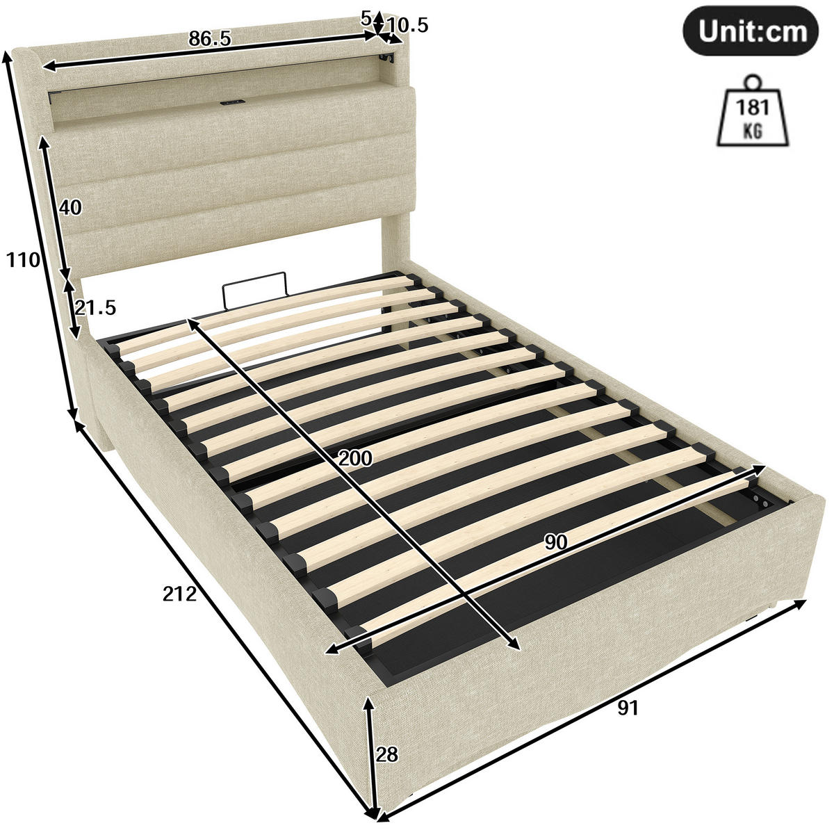 POLSTERBETT mit Stauraum und LED 90x200 cm Leinen Beige - Beige, Metall (90/200cm) - Meubliv