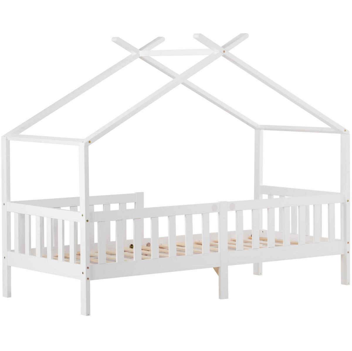 HAUSBETT 90/200 cm in Weiß – mit Satteldach, Zaun und Liegefläche 90/200 cm - Weiß, Holz (90/200cm) - BEAOK