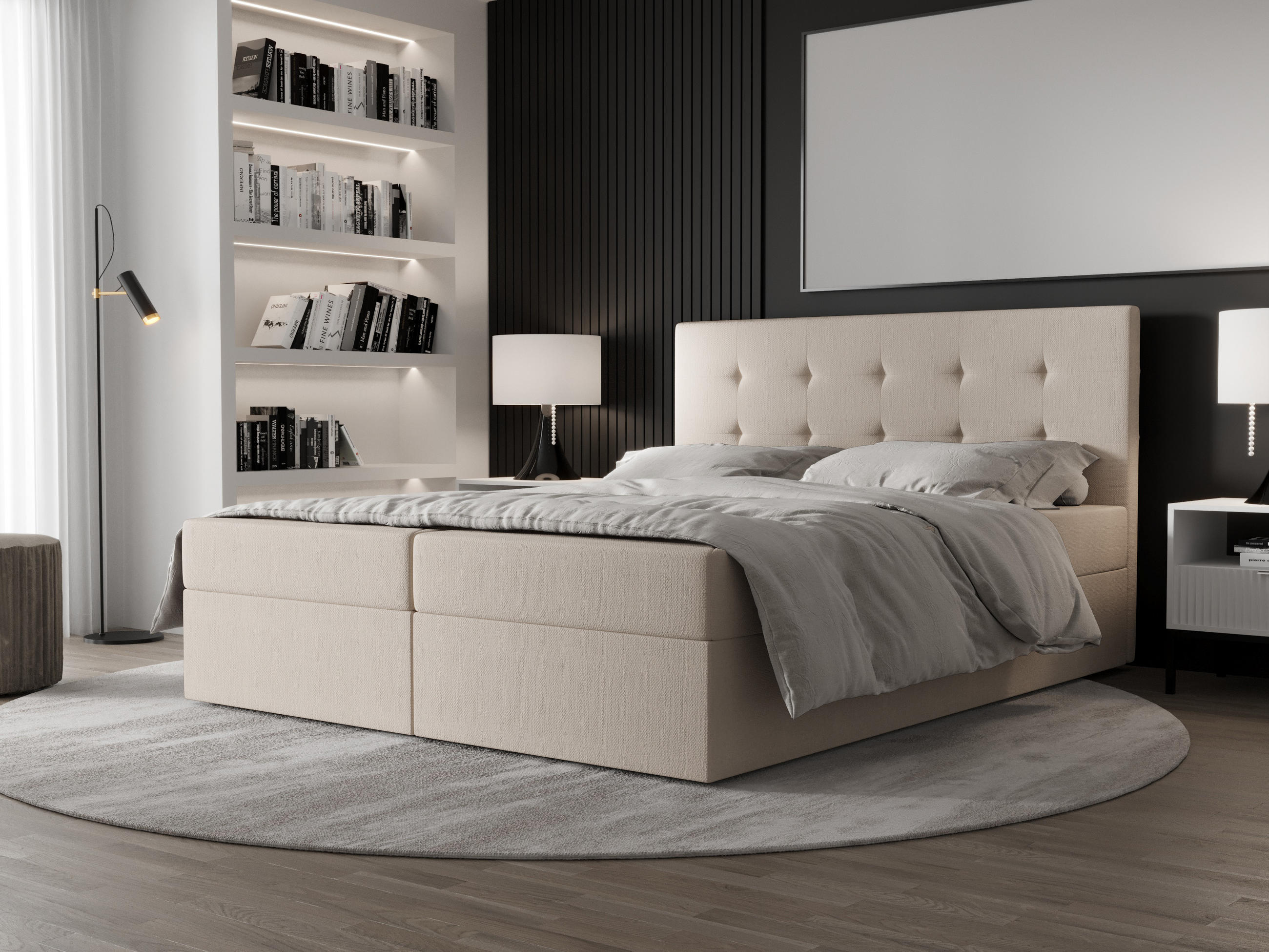 BOXBETT Dahlina 180/200 cm in Creme – mit Bettkasten und Luxus & Funktionalität - Creme/Schwarz, Holz/Holzwerkstoff (180/200cm) - AX Living