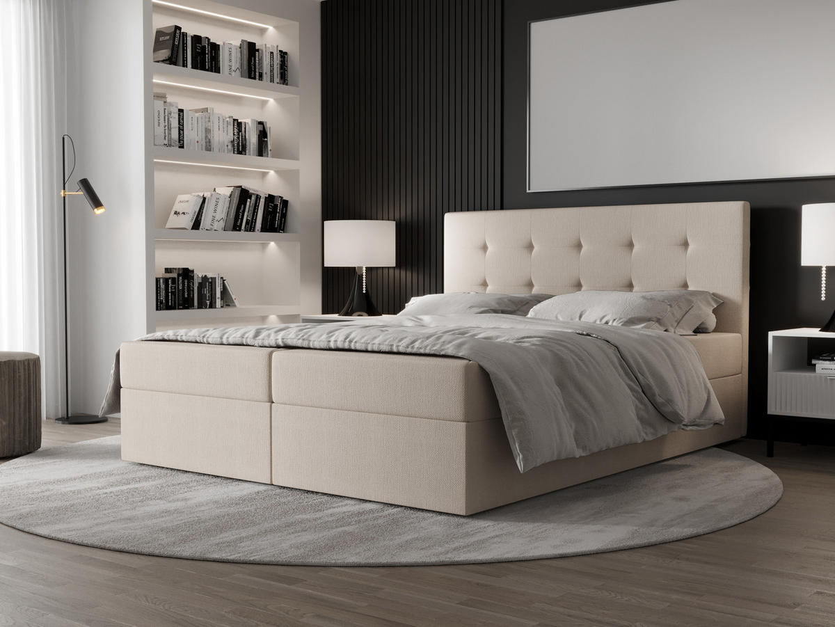 BOXBETT Dahlina 160/200 cm in Creme – mit Bettkasten und Luxus & Funktionalität - Creme/Schwarz, Holz/Holzwerkstoff (160/200cm) - AX Living