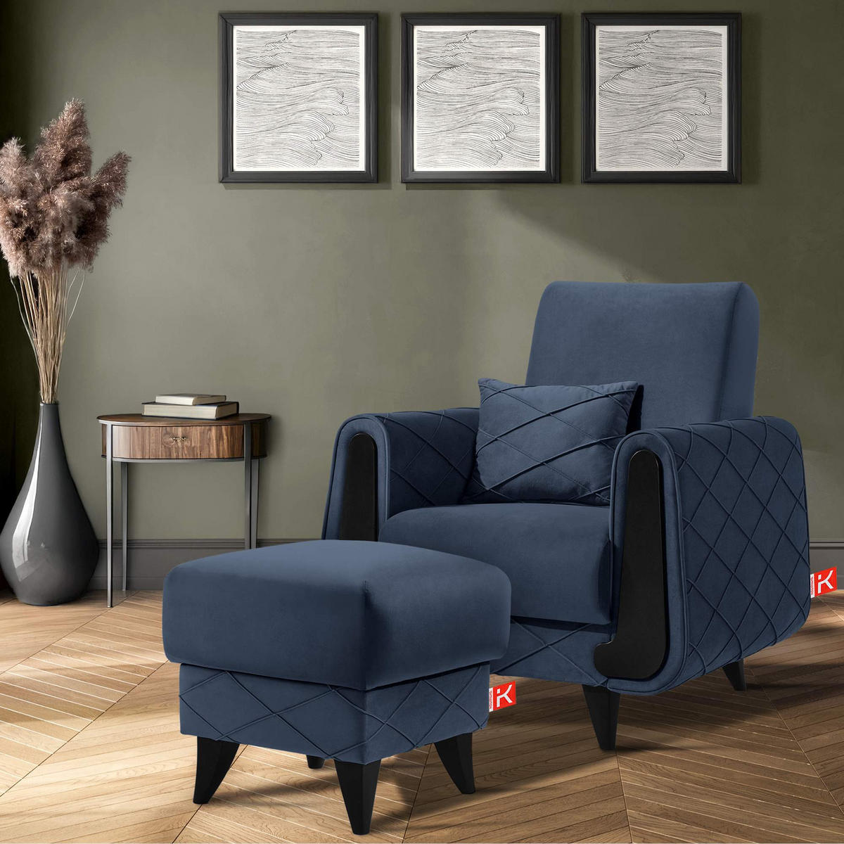 HOCKER GUSTAVO III Fußstütze, Velours, Dunkelblau - Dunkelblau, Holz/Holzwerkstoff (53/49/53cm) - KONSIMO®