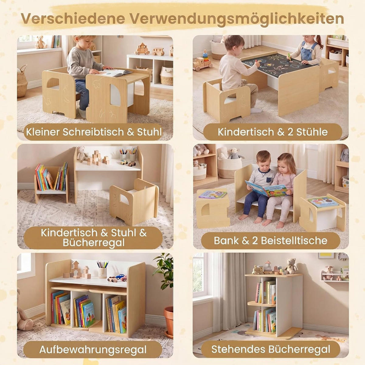 KINDERTISCH mit Stuhl natur(3-tlg) - Naturfarben, Holzwerkstoff (62.5/40/48cm) - COSTWAY
