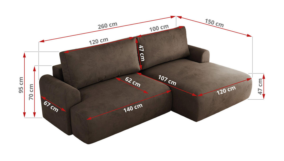 ECKSCHLAFSOFA TONO L Braun Velvet - links - Schwarz/Braun, Kunststoff/Textil (260/150cm) - MKS
