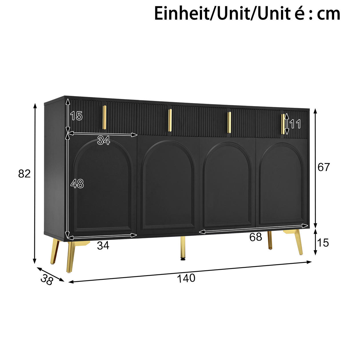 SIDEBOARD aus MDF 140x38x82 cm Schwarz mit 4 Türen, 4 Schubladen und goldfarbenen Akzenten - Schwarz, Holzwerkstoff (140/82/38cm) - IVMEU