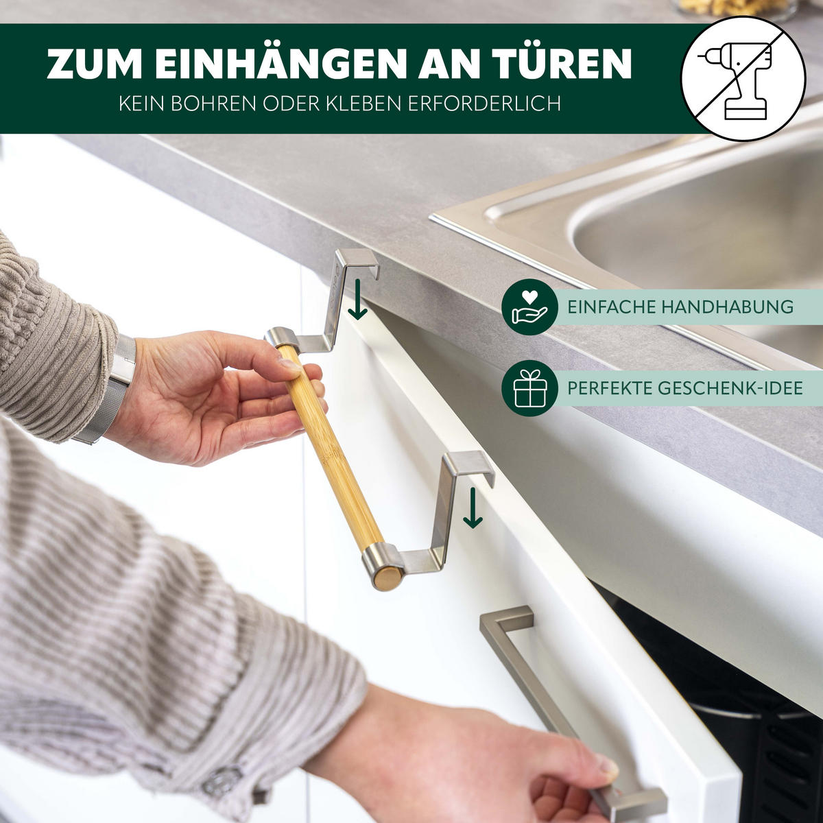 GESCHIRRHANDTUCHHALTER, Edelstahl, Bambus - Edelstahlfarben, Metall (25/7.5/6cm) - eluno