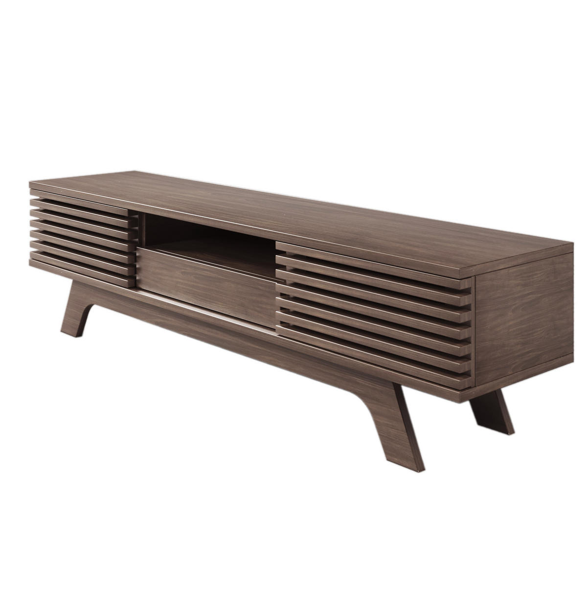 TV-LOWBOARD aus Spanplatte 150x35x44 cm Natur mit 2 Türen, Schublade und Kabeldurchführung im Vintage-Lamellendesign - Hellbraun, Holzwerkstoff (150/44/35cm) - Modfu