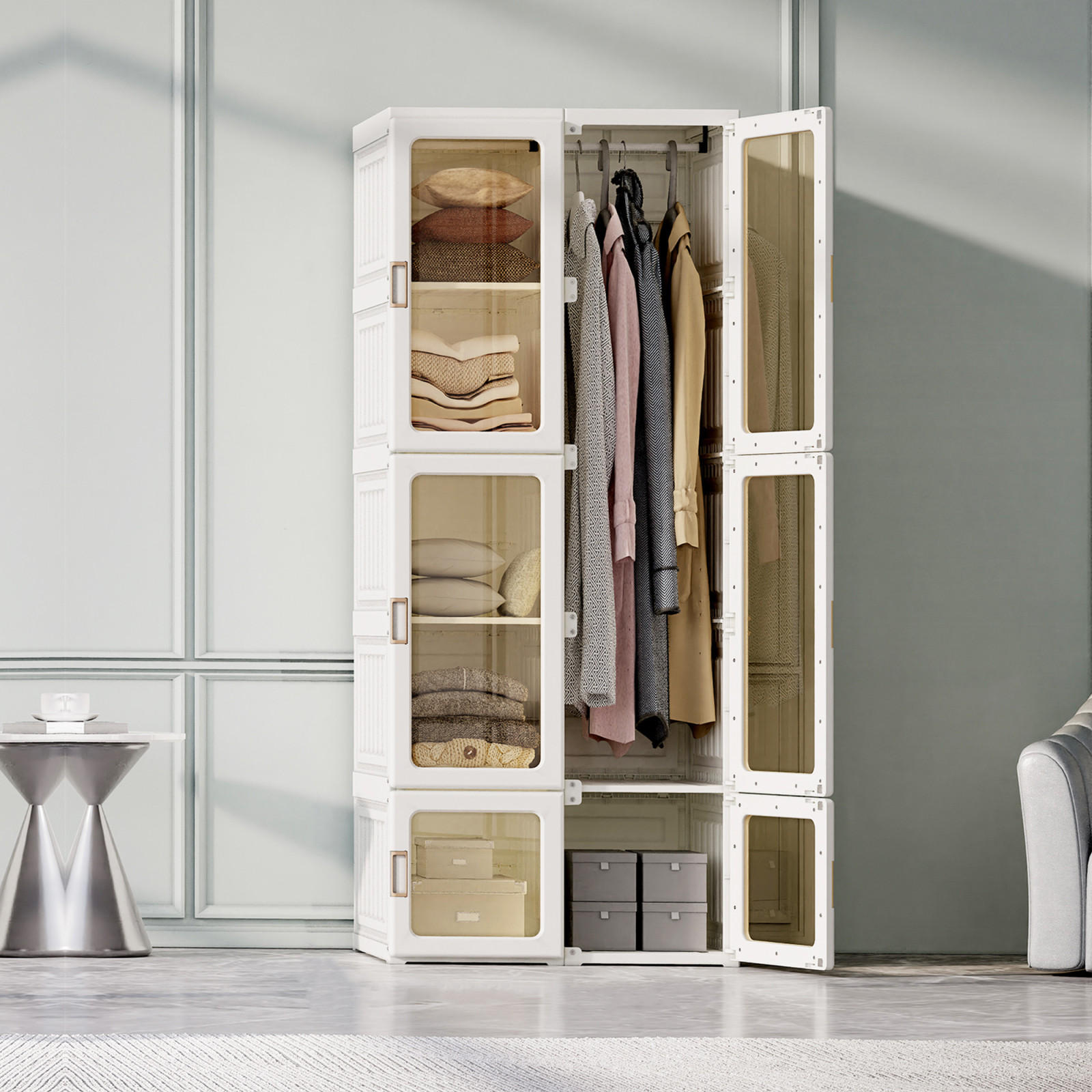 KLEIDERSCHRANK, mit 6 transparent Tür, magnetverschluss, 1 Kleiderstange und 10 Anzahl Fächer - Weiß, Metall (50/170/69cm)
