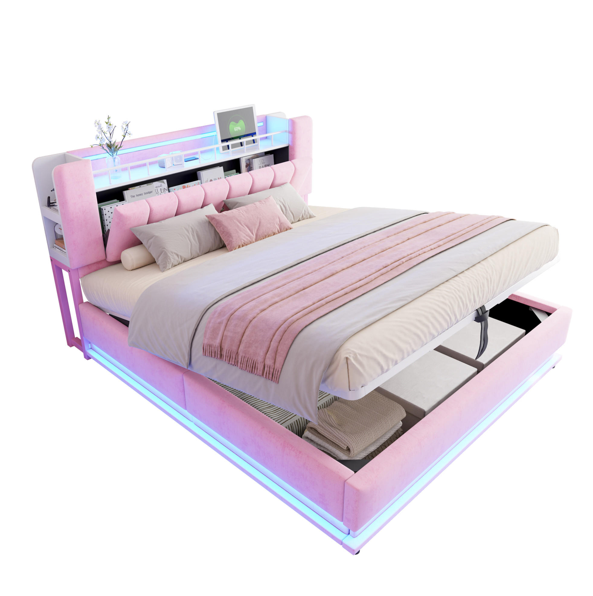 POLSTERBETT mit LED-Beleuchtung 180/200 cm mit Bettkasten und USB in Rosa - Rosa, Textil (180/200cm) - BEAOK