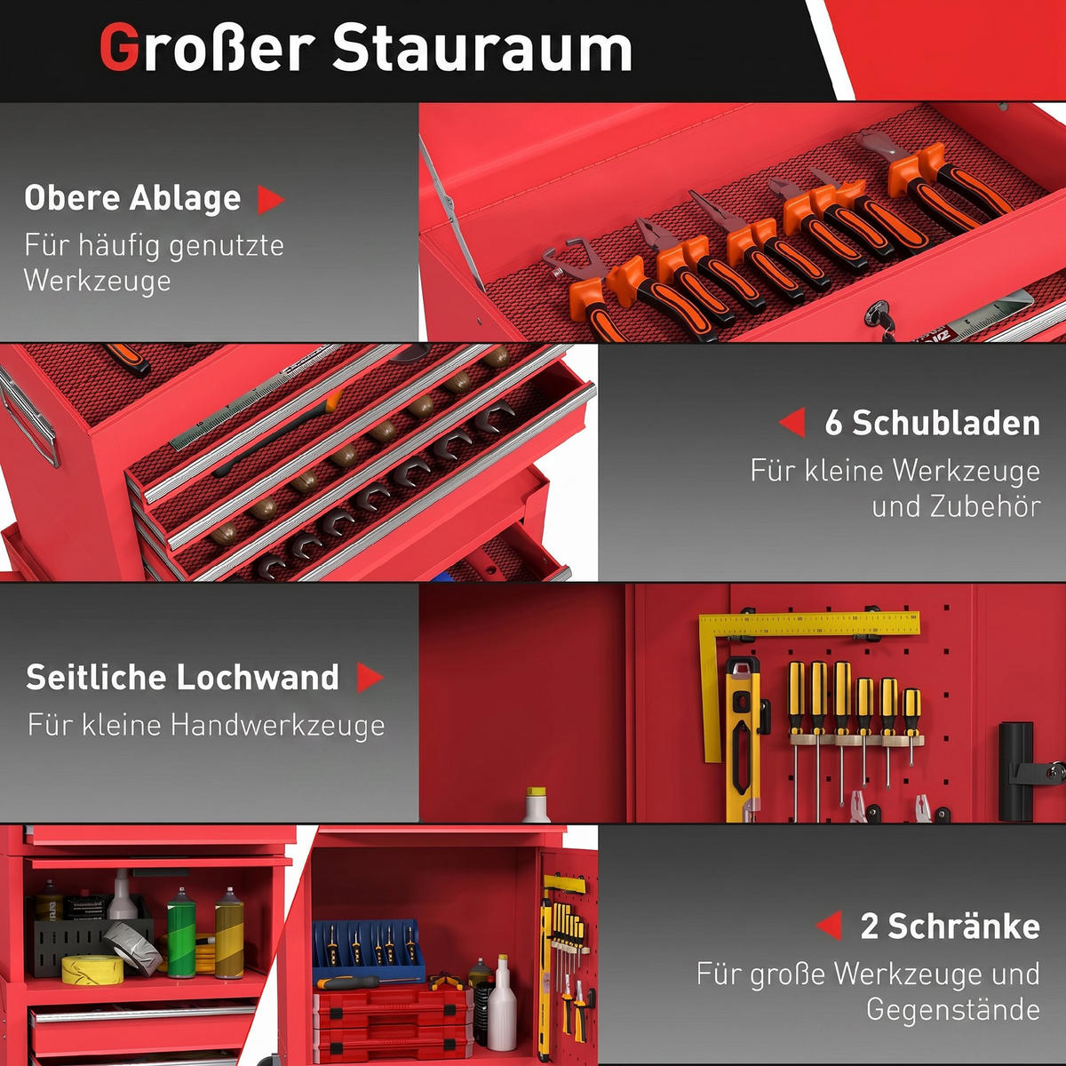 WERKSTATTWAGEN Stahl Rot - Rot, Metall (33.5/131/60.5cm) - HOMCOM