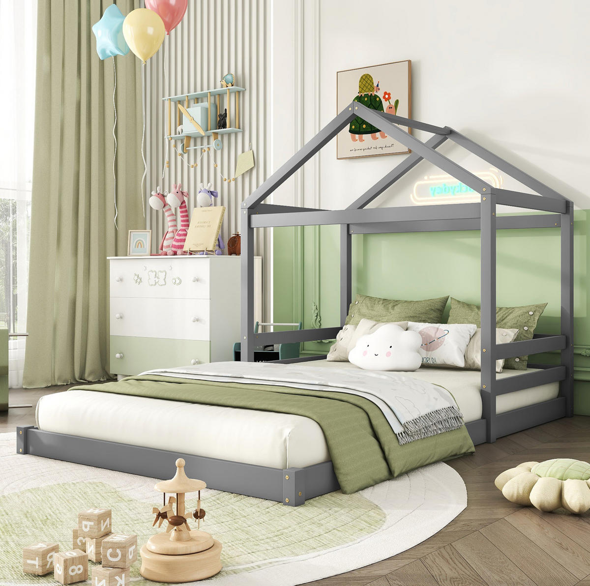 HAUSBETT 140/200 cm Grau aus Kiefernholz und MDF mit Lattenrost - Grau, Holz (140/200cm) - OKMYHOME