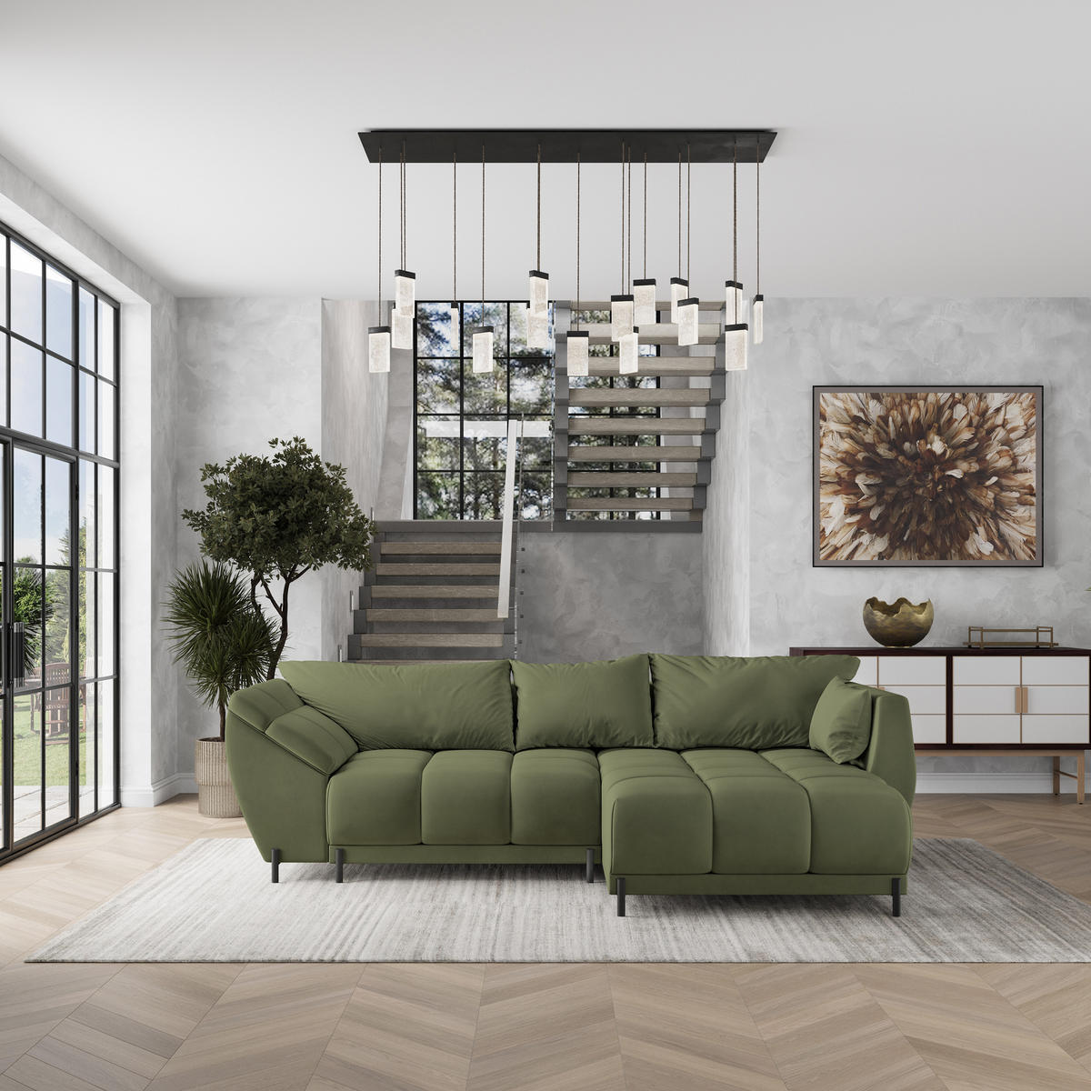 ECKSOFA VESTANO R-S Grün Velours-Stoff mit Schlaffunktion - Grün, Holz (287/182cm) - MASSENO