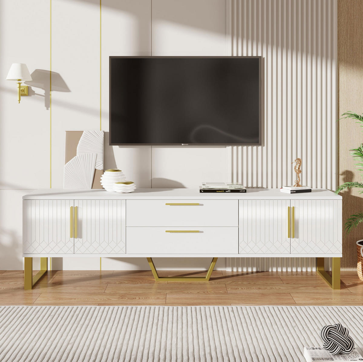 TV ormarić 170/40/53,5 cm bijeli od MDF-a visokog sjaja s 4 vrata i otvorima za kabele - bijela, drvni materijal (170/53.5/40cm) - OKWISH